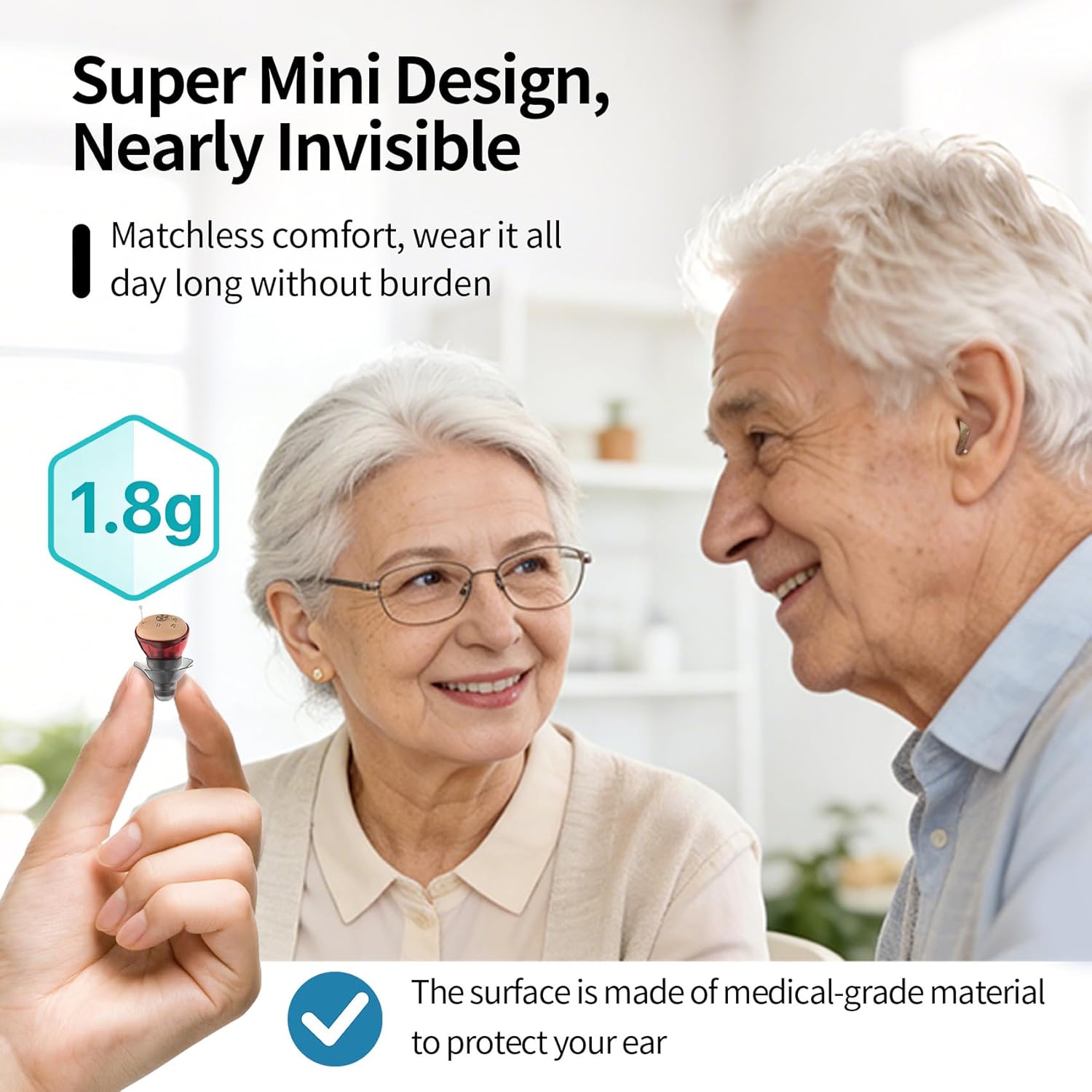 Rechargeable OTC Hearing Aids for Seniors - In-Ear Invisible Hearing Amplifiers with Noise Reduction & Feedback Cancellation, 3-in-1 Charge Dry Store Case & Patented Comfort Domes