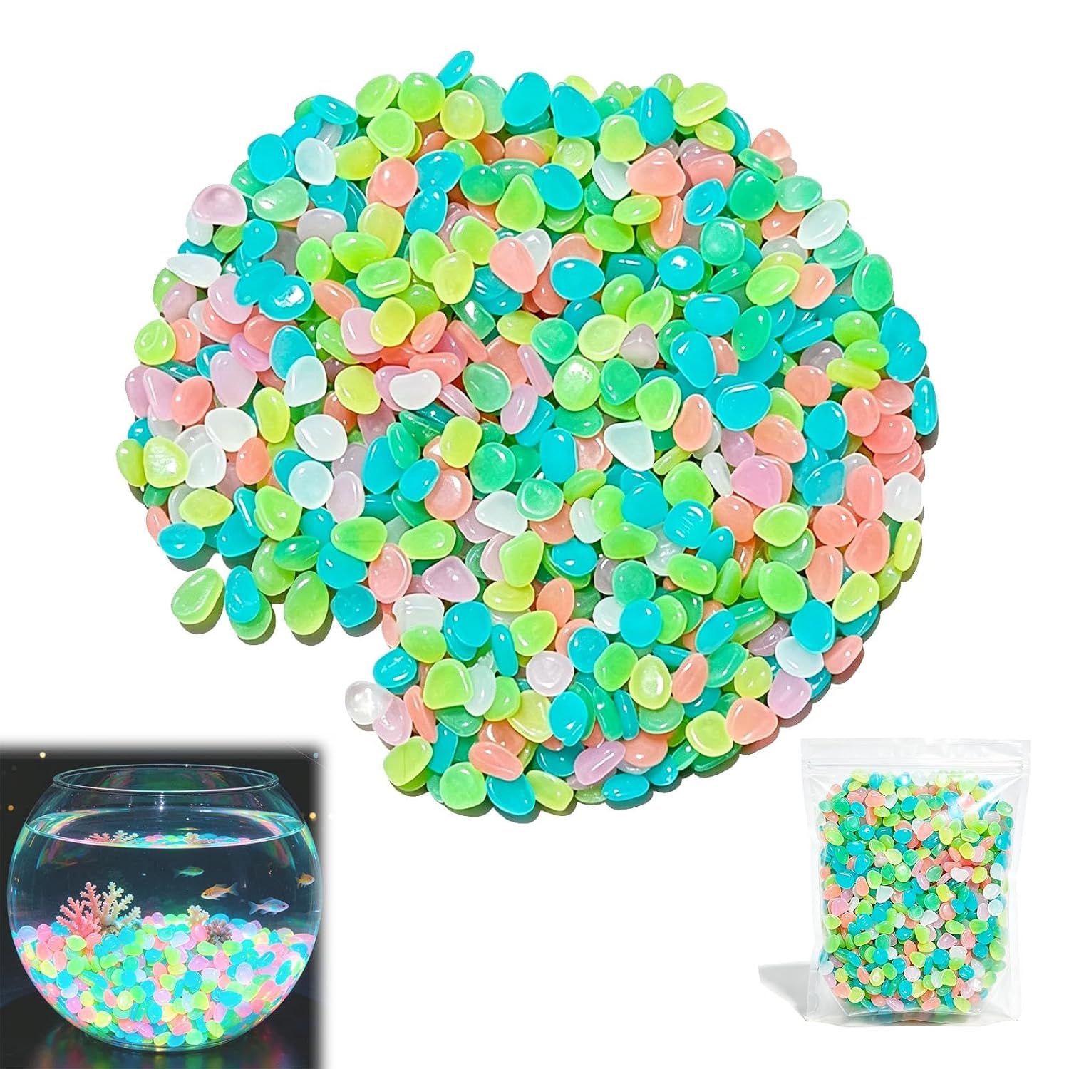600PCS Colorful Glow-in-the-Dark Garden Stones, Night Guide Luminous Pebbles, Rainbow Glow Stepping Rocks, Outdoor Landscaping Glowing Stones, Fish Tank Aquarium Decorations (Multi-Colored)