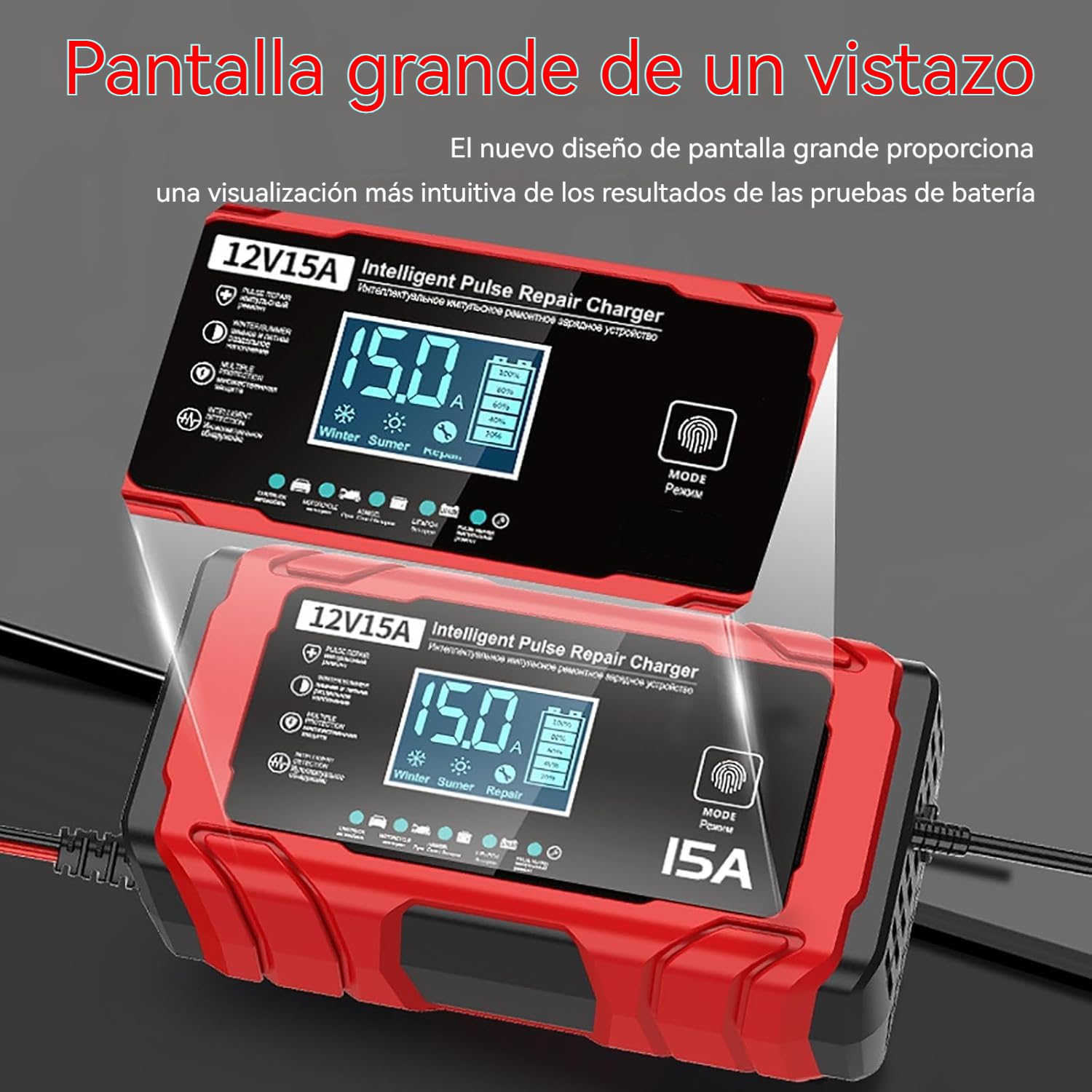 Cargador Baterias Coche 15A - Inteligente Cargador Bateria Moto 12V 15A, Compensación de Temperatura, Apto para Baterías de Plomo-ácido y de Fosfato de Hierro y Litio, Barcos y Motocicletas