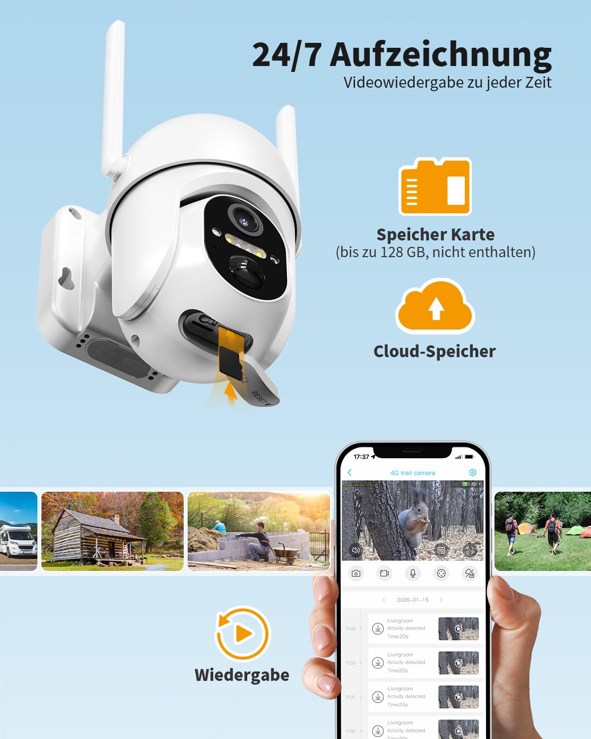 4G LTE Überwachungskamera mit SIM Karte Aussen Ohne WLAN | 2K 3MP HD Solar Kamera mit SIM Karte und Akku-10400mAh, 6W Solarpanel, 20m Farbnachtsicht, PIR, 2-Wege-Audio, IP66, eSIM