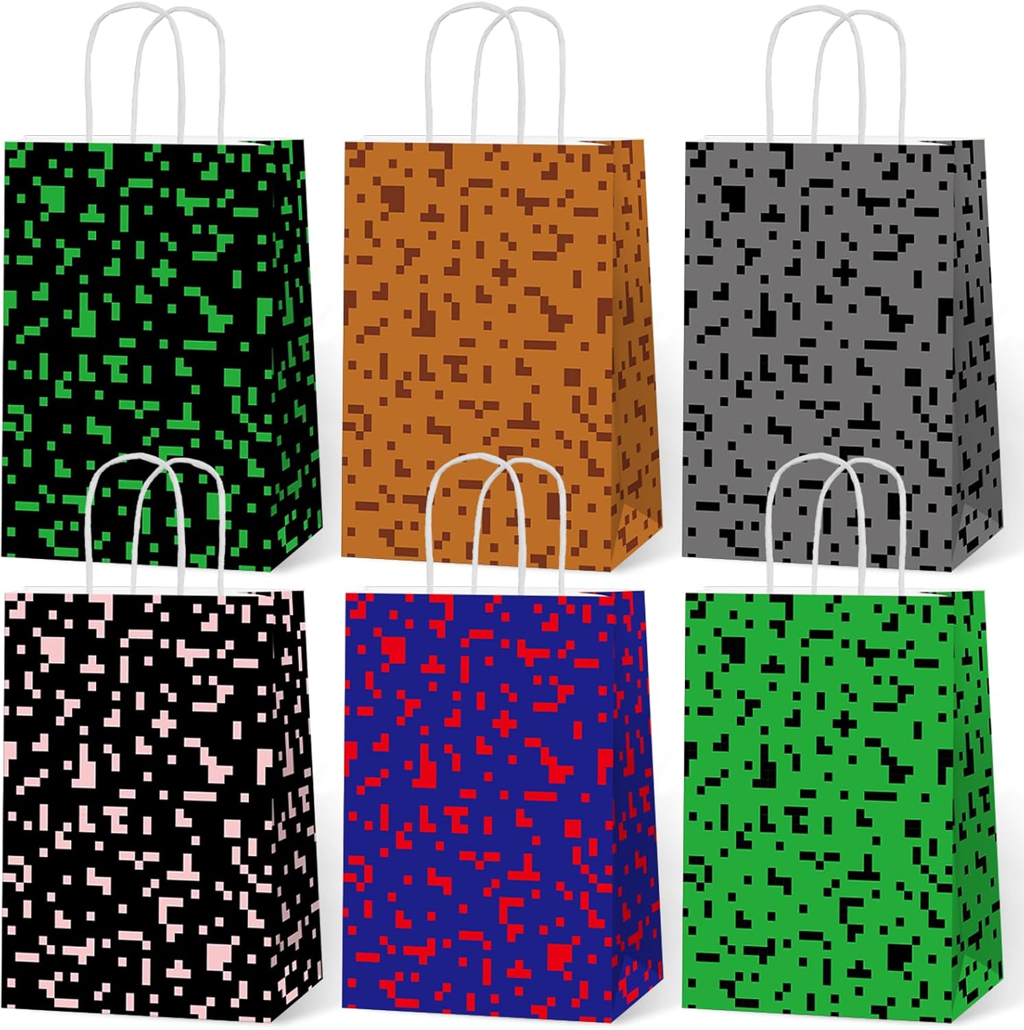 12 PCS Pixel Party Favors Bags Video Game Themed Paper Treat Bags with Handles Pixelated Goodie Gift Bag for Boys Girls Video Game Happy Birthday Baby Shower Party Decoration Supplies