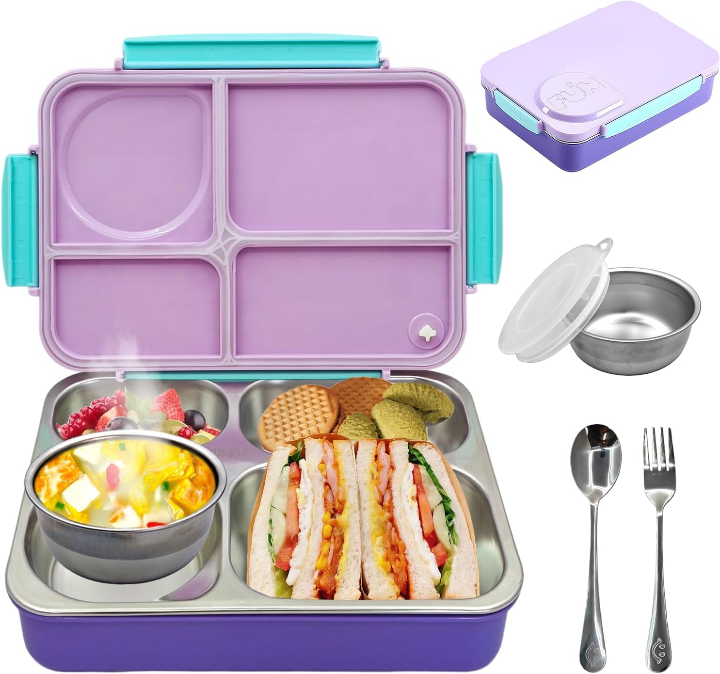 Kids Stainless Steel Lunch Box,304 Stainless Toddler Leak-Resistant Insulated Bento Box,Suitable For Schools,Office,Use Comes With An Independent Soup Cup,Tableware,4 Compartments (Purple)