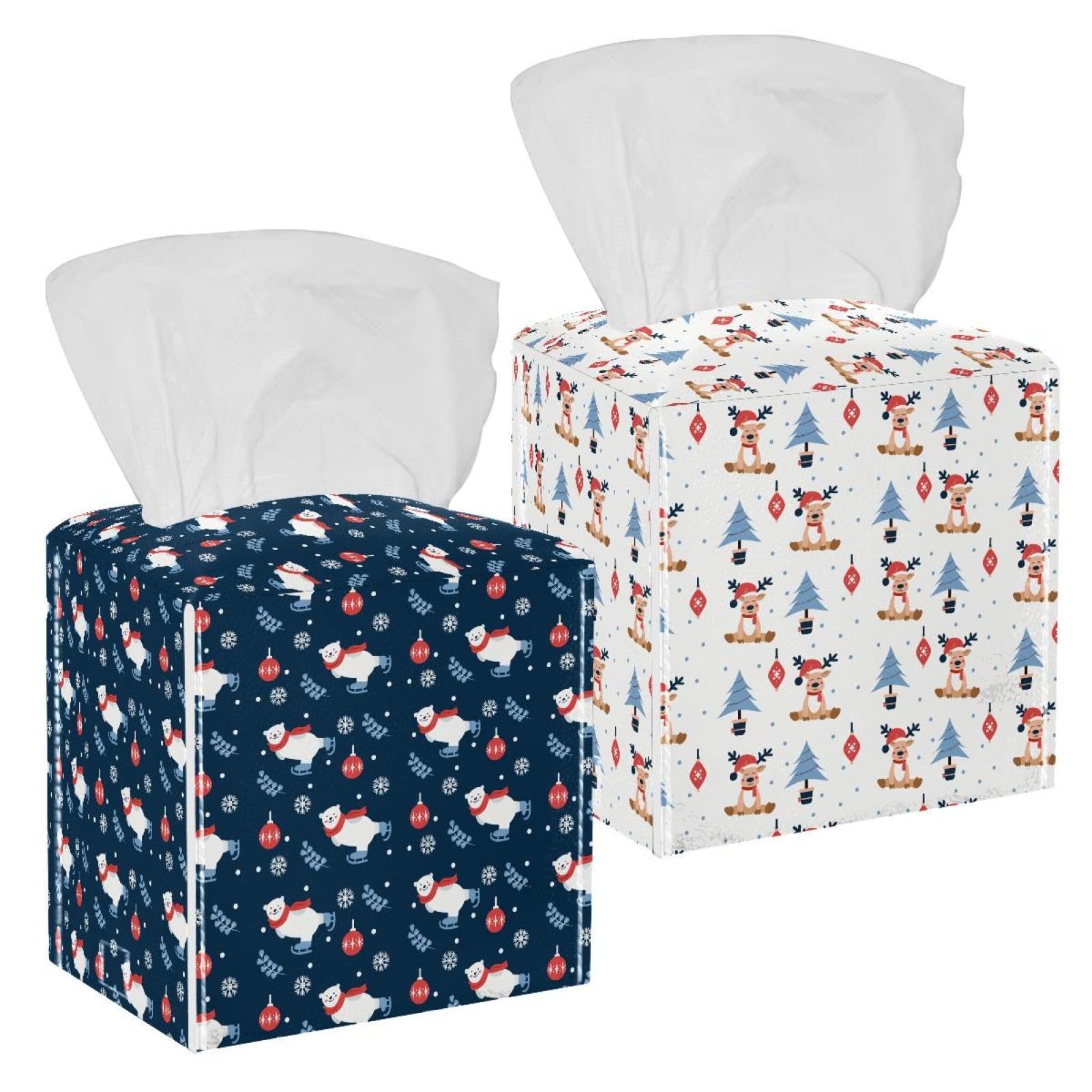 2 Pack Happy Christmas Tissue Box Cover Holder Square Tissue Foldable Cube Cover PU Leather Tissue Organizer with Bottom Belt for Bathroom, Tabletop, Car, Night Stands, Office