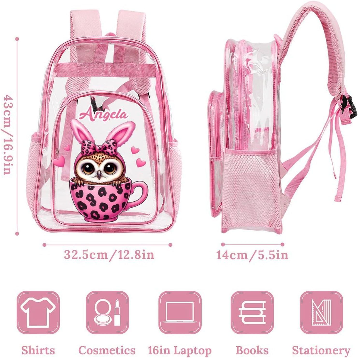 Clear Daypack for Kids Adults with Name Custom, Multifunctional Owl Leopard Print Bow Cup Transparent Backpack for College, Workplace, Personalized Back to School Gifts - Image 3