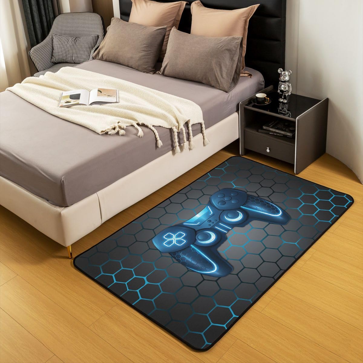 Tappeto per soggiorno con controller di gioco, 150 x 200 cm, motivo a nido d'ape, per camera da letto, per ragazzi e ragazze, motivo videogiochi, decorazione per la casa