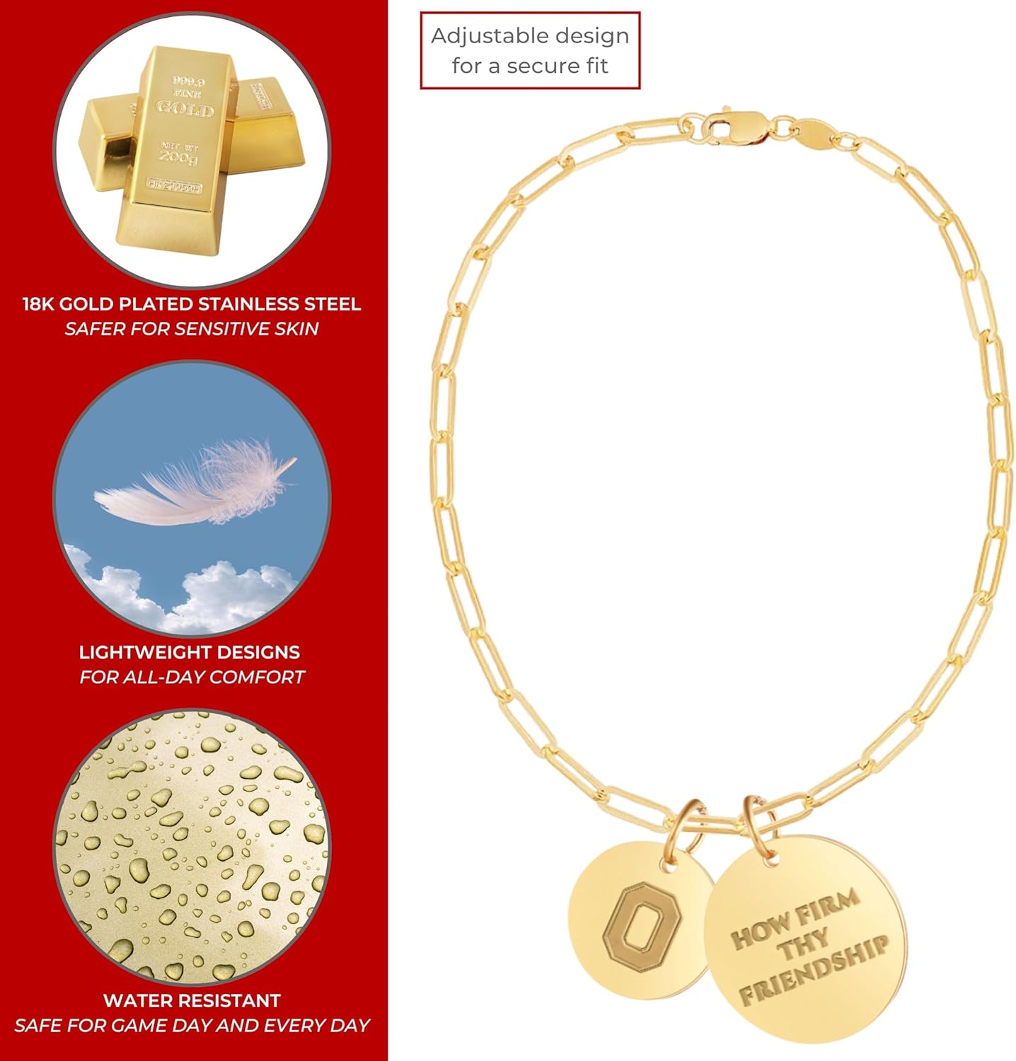 Stone Armory Bracelet for Ohio State University – OSU Buckeyes Jewelry - Paperclip Chain 18K Gold Finish Stainless Steel, Block O Logo + HOW FIRM THY FRIENDSHIP.- Adjustable up to 9in, Gift Pouch