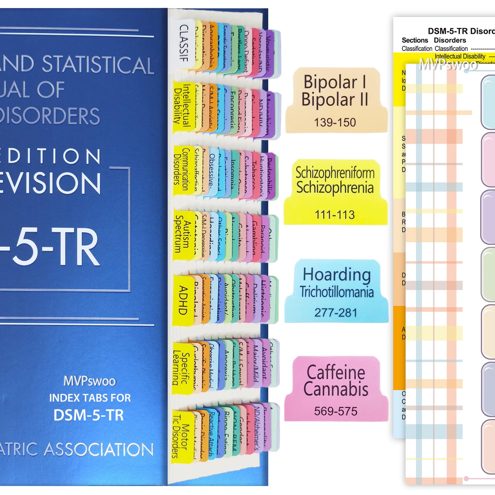 Linguette per indice aggiornate per DSM-5-TR 2022, 94 schede DSM-V-TR stampate, 100 schede in totale, con guida all'allineamento e scheda descrizione dei disturbi per il manuale diagnostico e