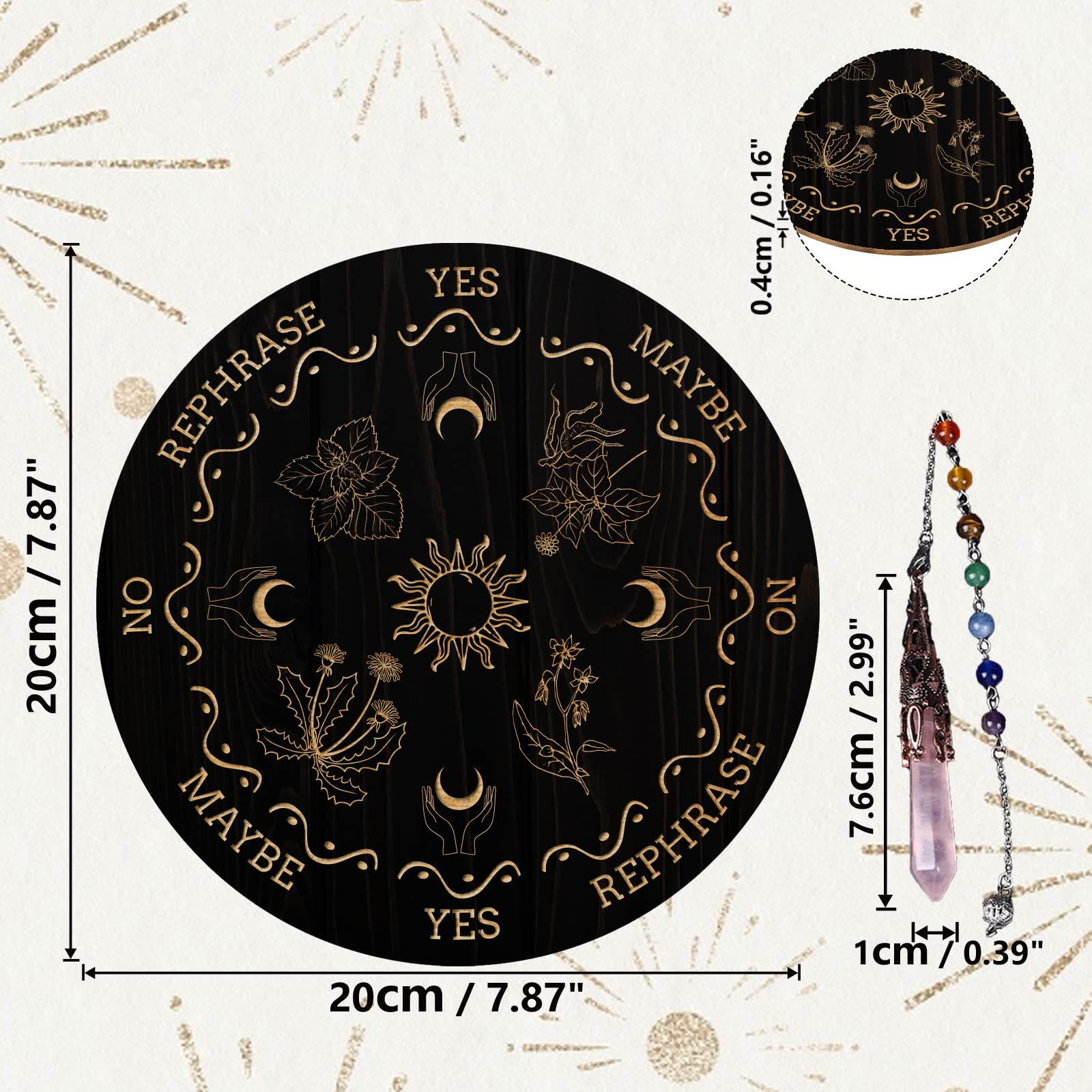ANAHDMAKER 7.8" Tavola Del Pendolo Della Strega, Planchette per Rabdomanzia In Legno con Pendoli Rabdomanzia In Cristallo di Quarzo Rosa Strumenti di Divinazione - Piante A Mano Sole Luna
