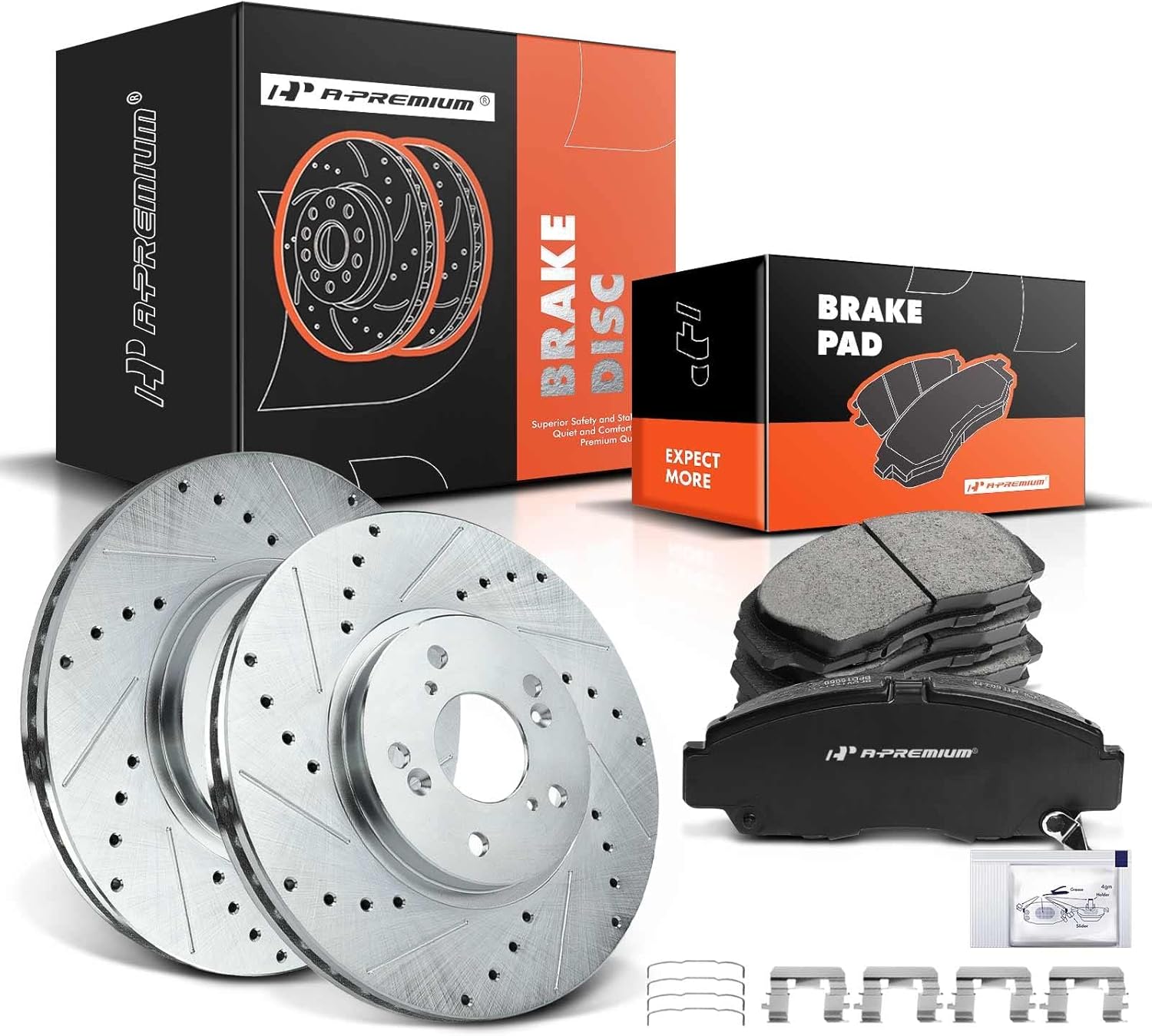 A-Premium 11.81 in (300mm) Front Drilled and Slotted Disc Brake Rotors + Ceramic Pads Kit Compatible with Acura and Honda Models - TSX 2011-2014, Accord 2011-2012, 6-PC Set
