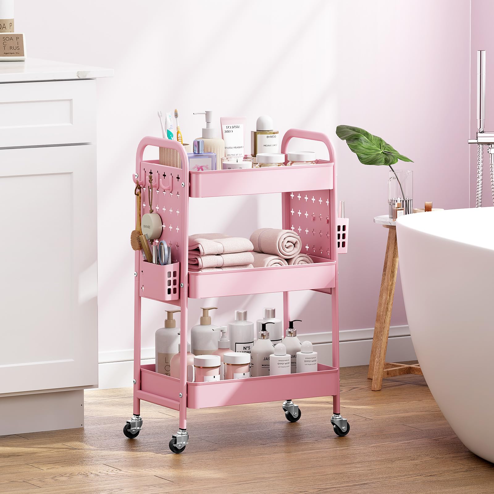 KINGRACK Carrello 3 Livelli Ruote, Rosa | Pannello Forato DIY, Ganci, Cestini, Cucina, Bagno, Ufficio