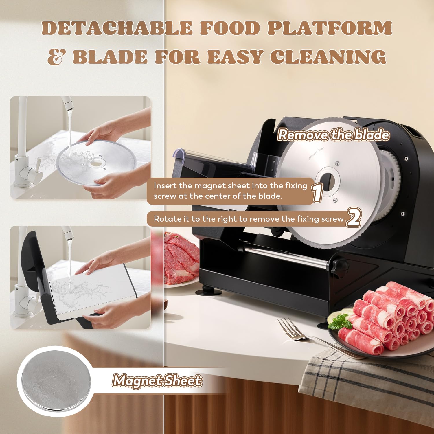 Moongiantgo Cortadora de Fiambre Casa Cortafiambres Eléctrico Profesional con 2x Cuchilla de Acero Inox Extraíble, Ø185mm, Regulador de Grosor 1-20mm, para Pan/Corte Jamon/Carne/Queso/Embutido (220W)