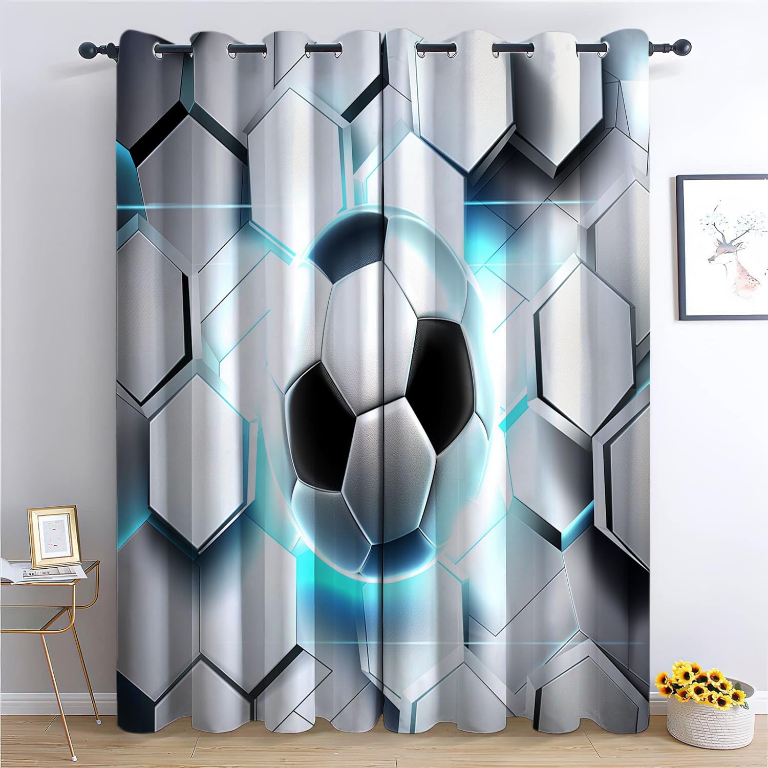 Lot de Rideaux Occultants à Oeillets Isolant Thermique Anti Froid Ballon de Foot Hexagonal animé Imprimés Blanc, Rideaux Salon Chambre pour Enfant Garcon, 110L X 215H cm (2 Panneaux)