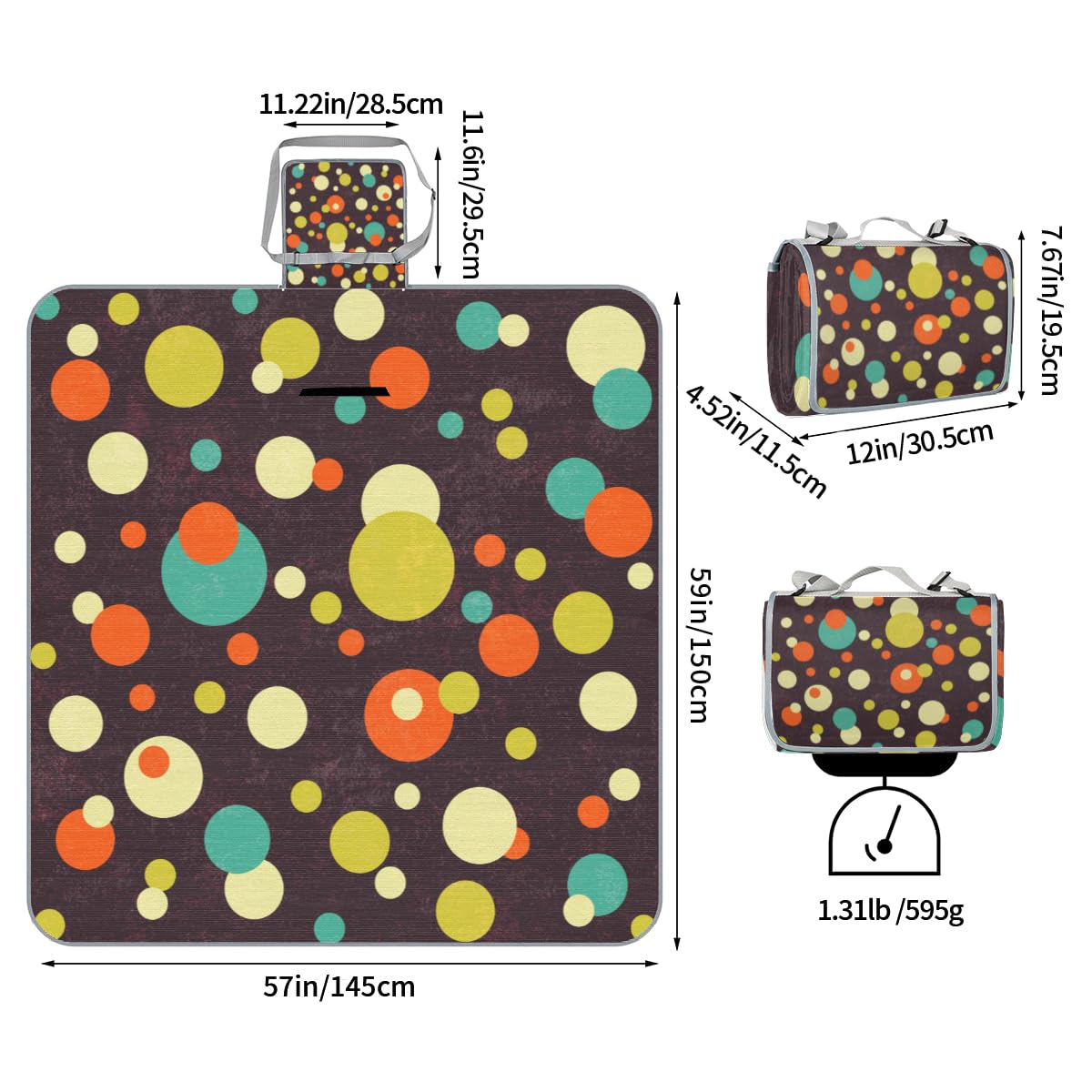 Shimoshe Picnic Blankets 57”x 59”, Colorful Polka Dot Waterproof Sandproof Picnic Mat Lightweight Foldable Beach Blanket for Camping Park Grass Beach Outdoor Blanket