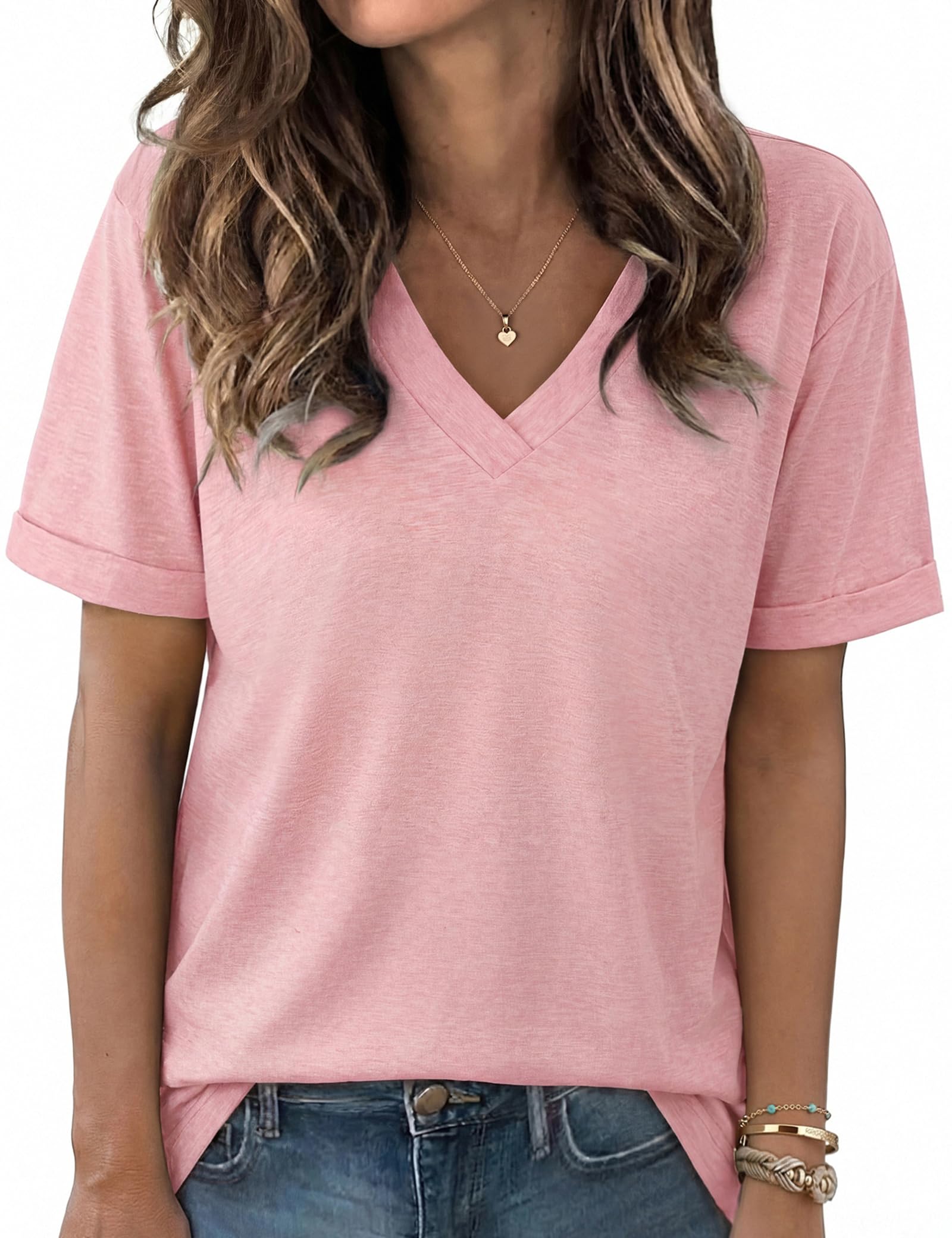 Aottori T-Shirt Damen V-Ausschnitt Kurzarm Locker Sommer Basic | Einfarbige Oberfläche; V-Ausschnitt mit kurzen Ärmeln als klares Designdetail; lockere Passform; für Sommer und warme Tage