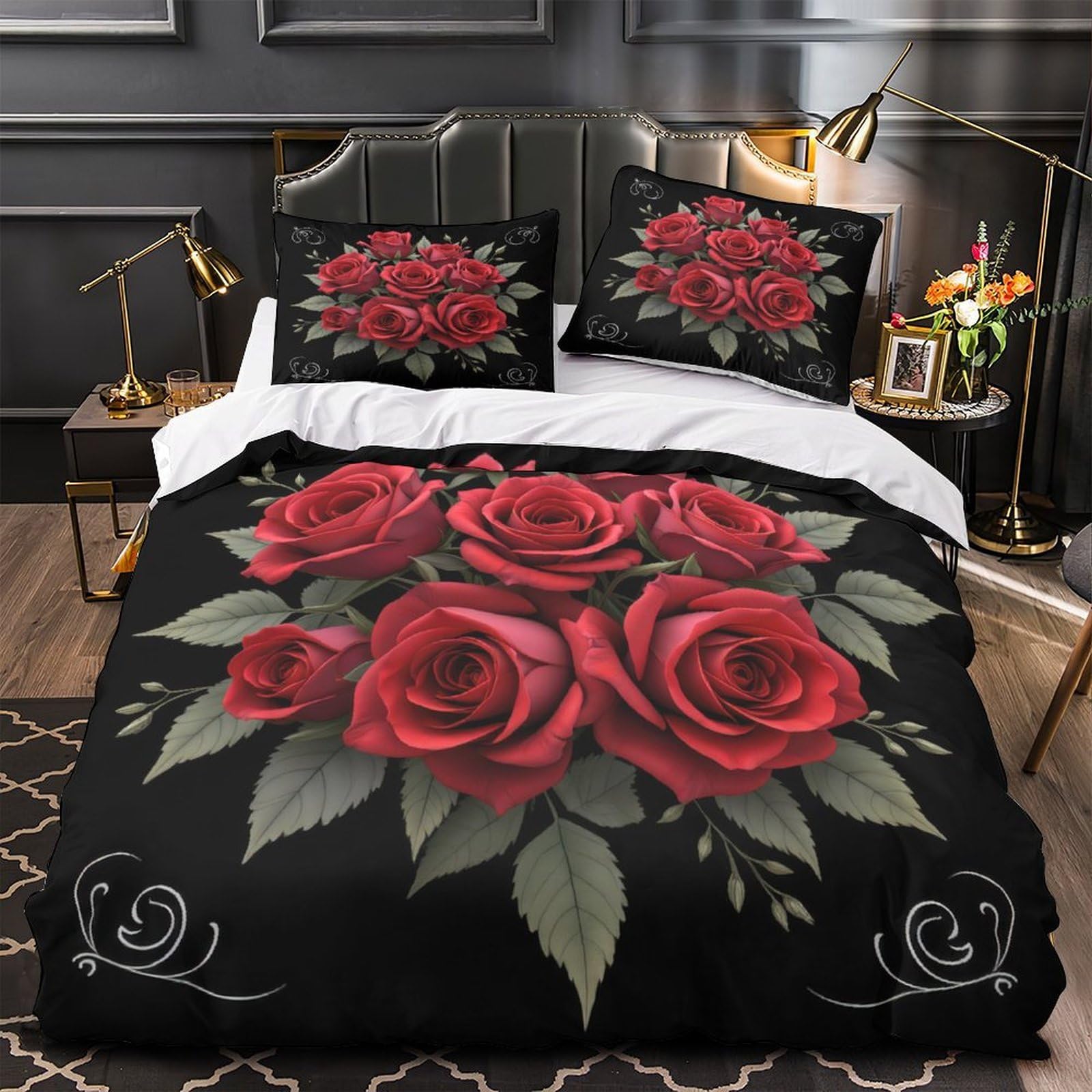 MMDASBVPE Red Roses Bouquet Duvet Cover 3D Design Printed Anti-allergic 3 Pieces Bedding Set Zipper Quilt Cover Hotel Quality Washable for Adults Kids Women Teens Youth Girls King（220x240cm）