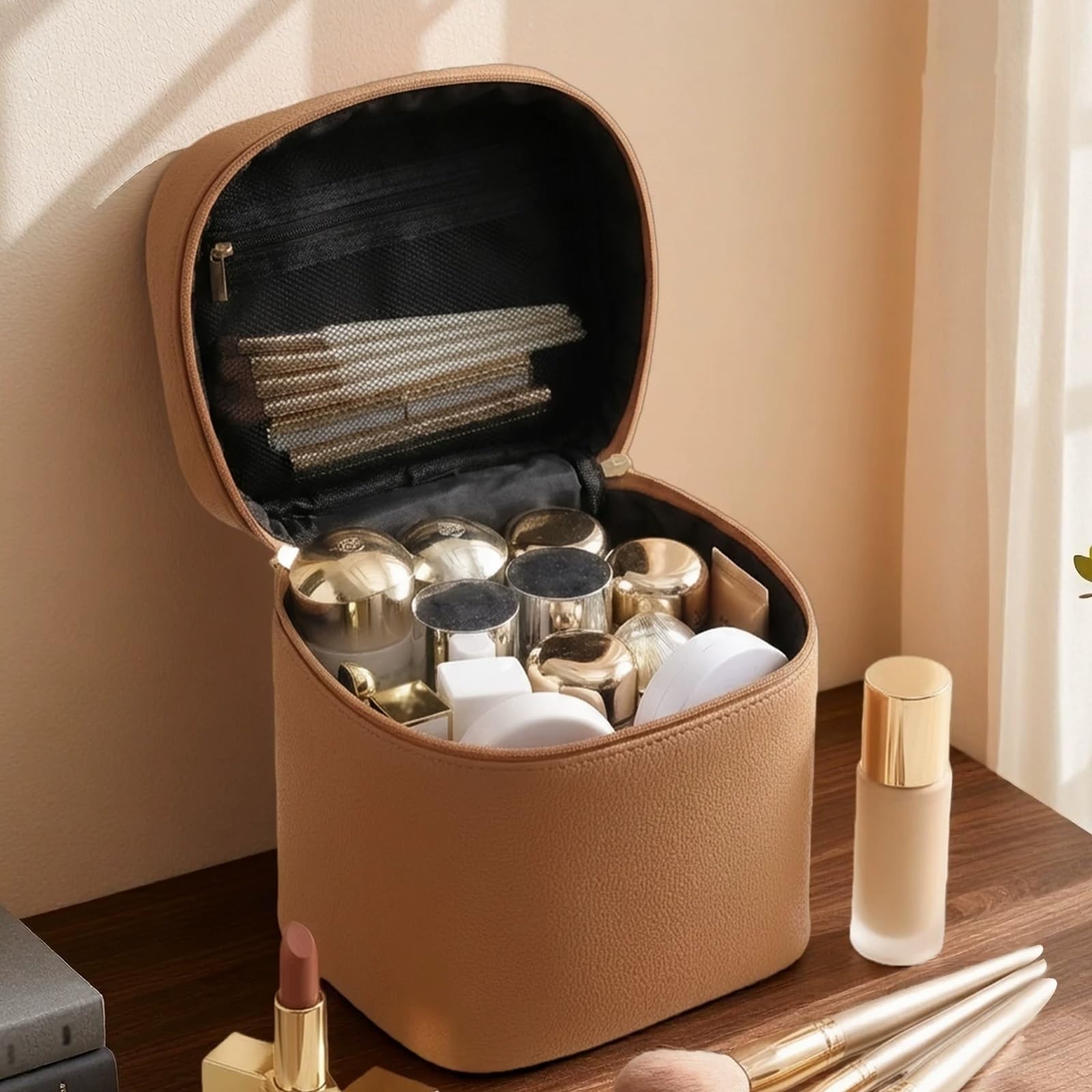 Beauty Case Impermeabile per Cosmetici, Borsa da Trucco, con Scomparti, Trousse da Toilette in Pelle Impermeabile con Manico per Donna, Design Verticale, Ideale Viaggi Senza(White)
