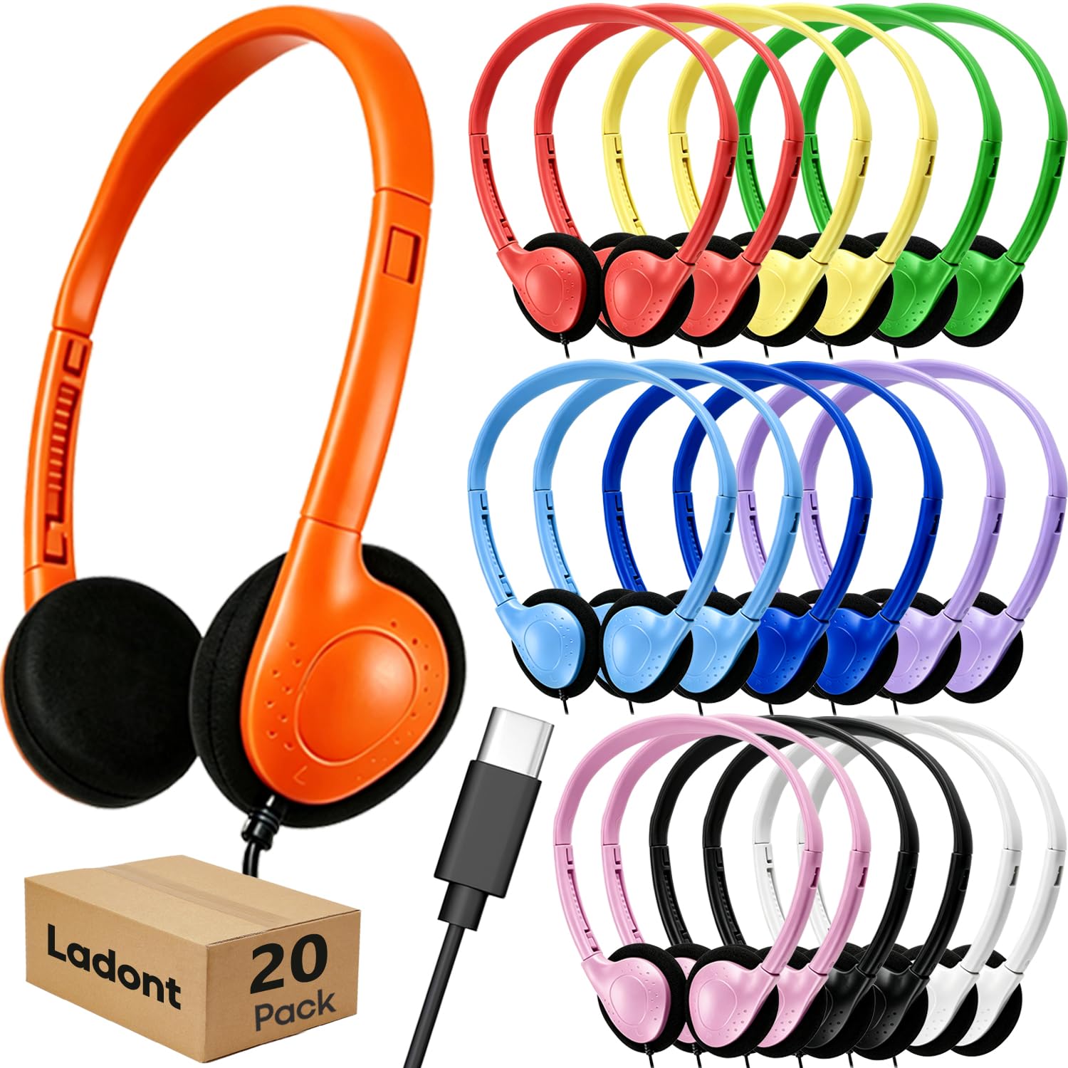 Set di cuffie di tipo C (confezione da 20), resistenti cuffie cablate per bambini per Chromebook e laptop, cuffie scolastiche sfuse per studenti adolescenti ragazzi ragazze, cuffie USB C