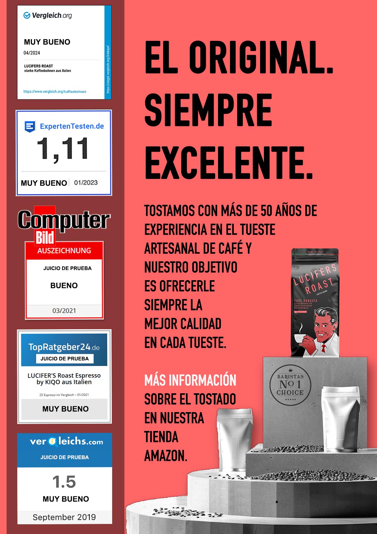 LUCIFERS ROAST 1kg granos de café por KIQO de Italia - espresso muy fuerte - baja acidez - para máquinas de café o portafilter - 100% Robusta (grano de café, 1kg)