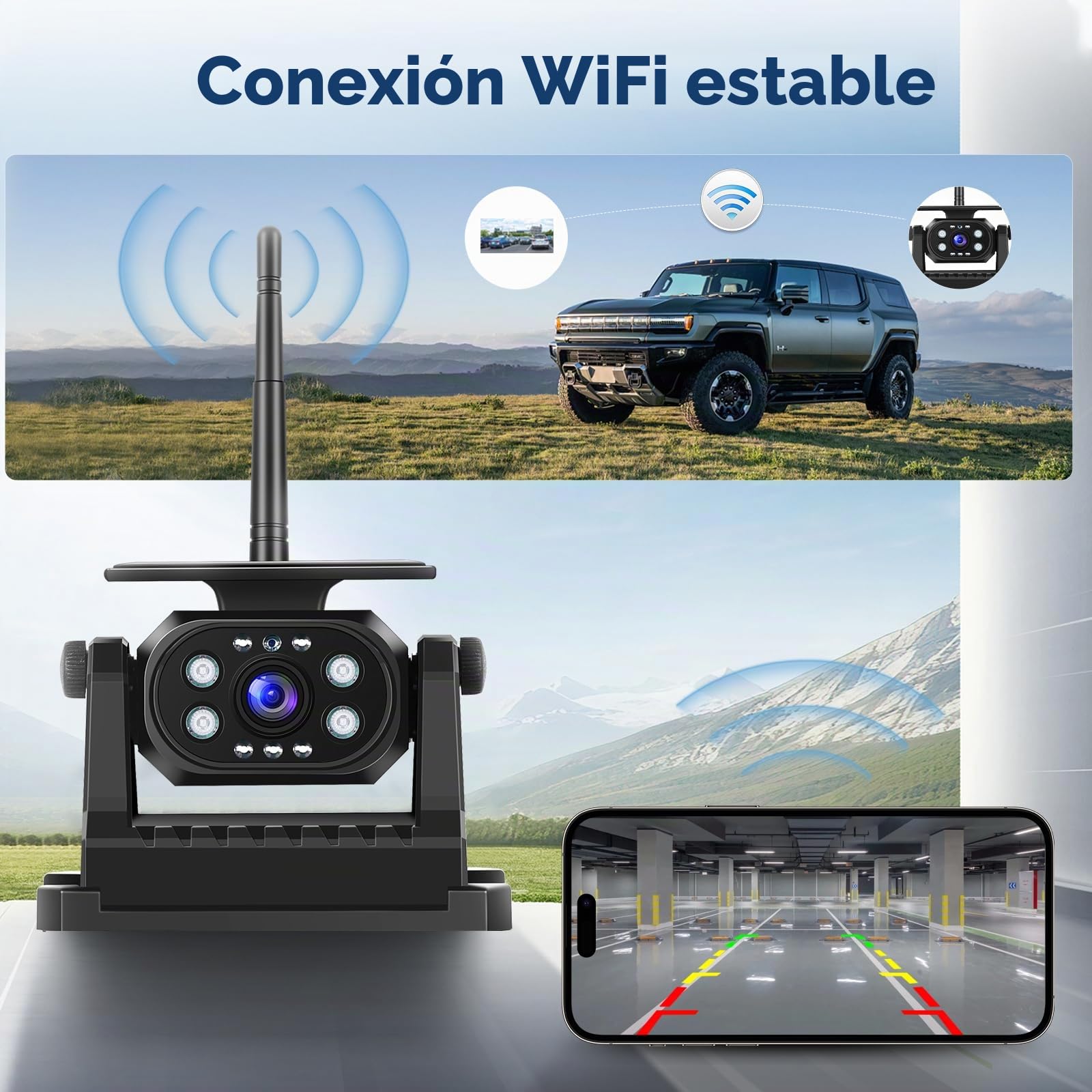 Podofo Cámara Trasera inalámbrica WiFi Estable, cámara de Marcha atrás 1080P con Impermeable, Carga Solar, Base magnética, cámara Recargable de Ayuda a la Marcha atrás para camión/Remolque/RV