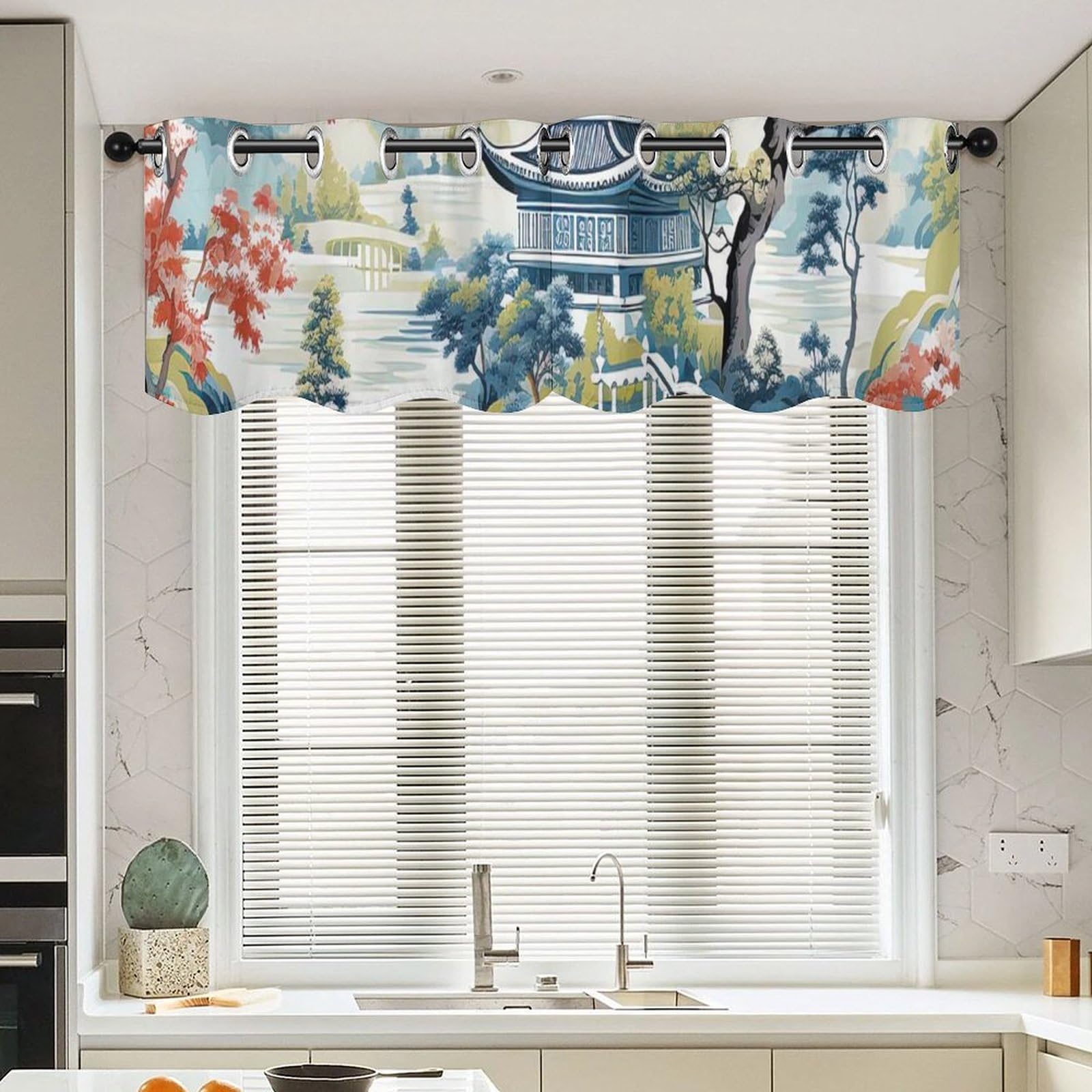 Rideaux de cantonnière pagode Chinoiserie pour cuisine et chambre, lot de 2 panneaux 132x45 cm