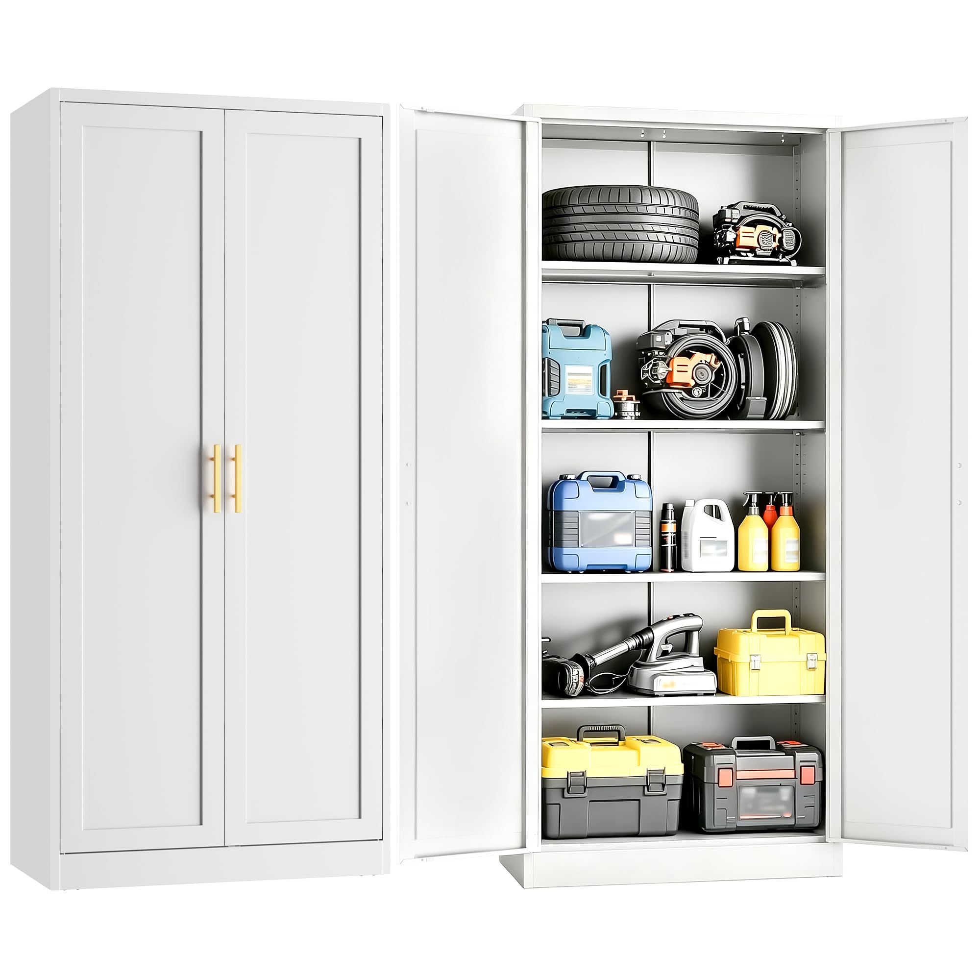 Metal Storage Cabinet with Doors and Adjustable Shelves (White, 71" H x 27.8" W x 14" D)