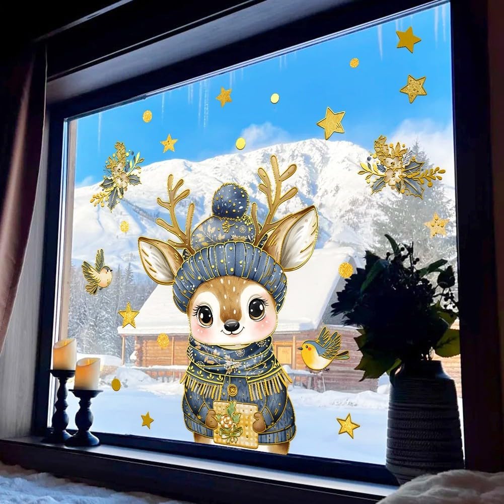 Calcomanía de ventana de Navidad de dibujos animados de alce dorado de PVC adhesivo de pared reutilizable para decoración del hogar de temporada 86 x 95 cm