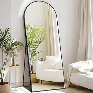 DUMOS 63"x20" Arched Full Length Mirror with Stand Floor Free Standing Aluminum Frame for Bedroom Body Hanging Leaning Modern Simple Home Decor Shatter-proorf Nano Glass Wall, Black-Rounded