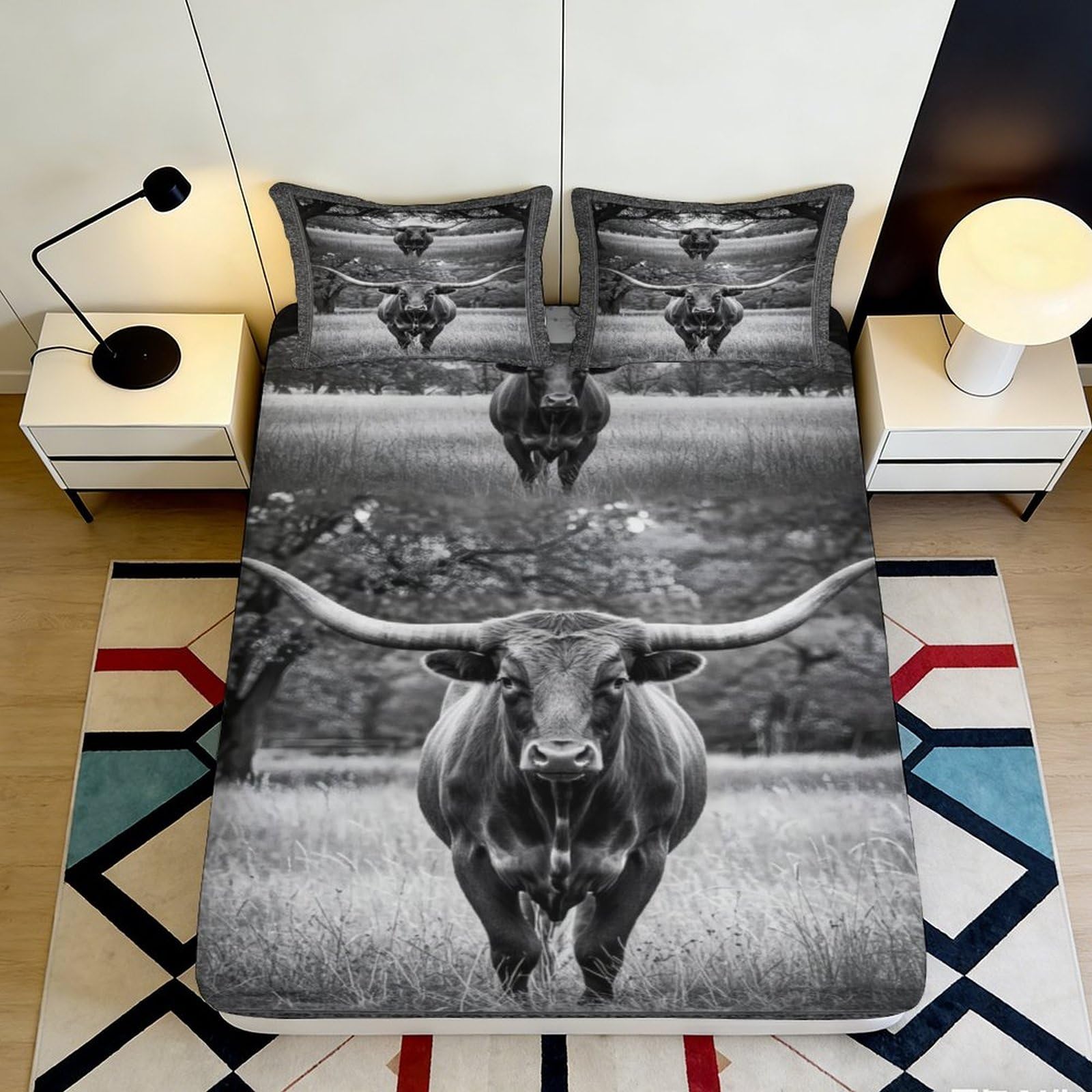 3D Printed Highland Cow Fitted Sheet Microfiber Soft Anti-Slip Western Pasture Bed Cover for Bedroom Dorm Decor 90x200x25cm