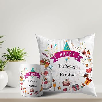 ASHVAH Happy Birthday Kashvi Coffee Mug and Cushion Combo Gift (Pack of 2) Daughter, Sister, Girlfriend, Wife, Name - Kashvi