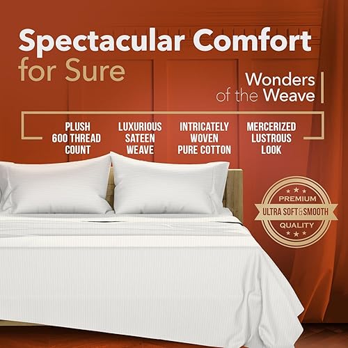 Miniatura 3 de TEXAS LINEN CO. Juego de sábanas de lujo de algodón egipcio a rayas, juego de 4 piezas de fibras extralargas de 600 hilos, sábanas de damasco beige,