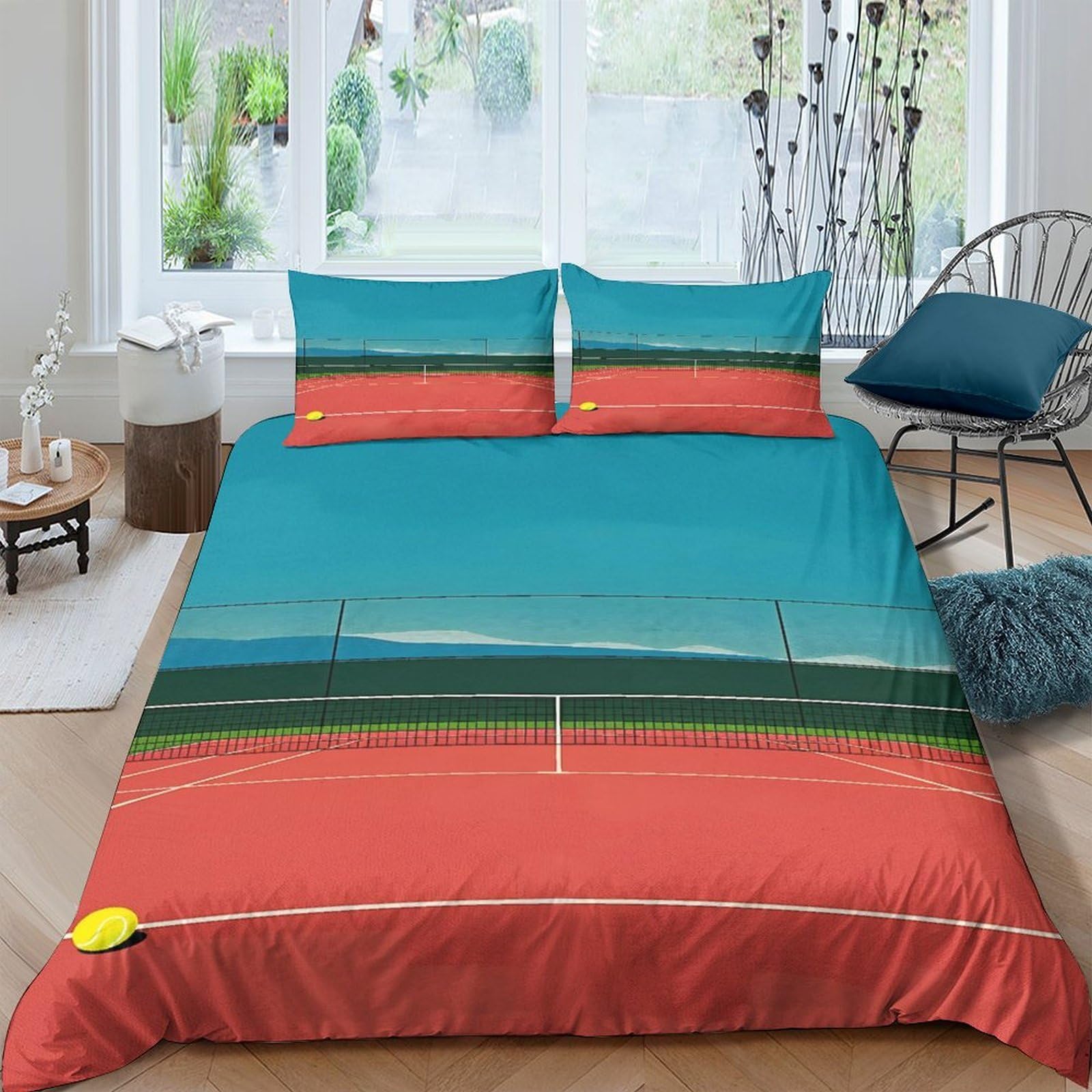 GPLZQXKJNH 3D Printed Tennis Court Duvet Cover Microfiber Soft Breathable Sunset Bedding Set with 2 Pillowcases for Bedroom Decor Single（135x200cm）