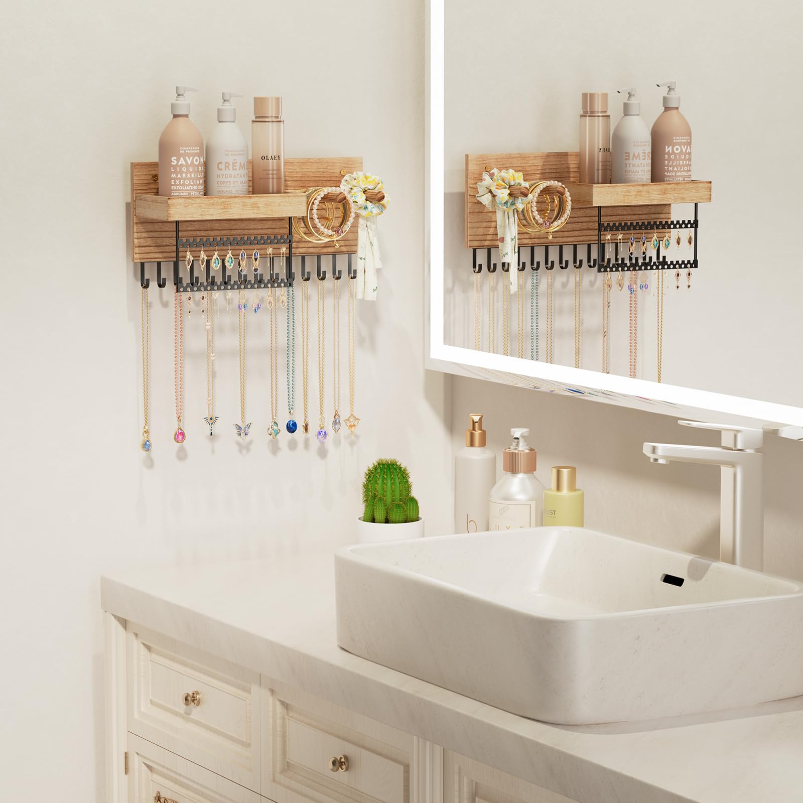 Lolalet Présentoir Bijoux Mural, Porte Bijoux Bois Suspendu, Porte Boucles d’Oreille Colliers Bracelets Bagues Parfum -Naturel