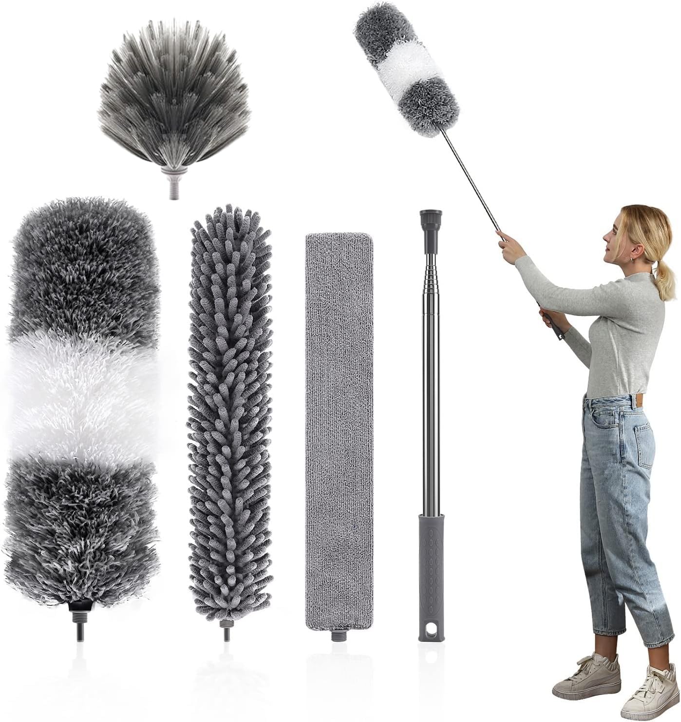 LBOYLOVE® 5PCS Microfiber Feather Duster,Retractable Gap Bendable Dust Cleaner,Extendable Cobweb with 100 Inches Stainless Steel Cleaner Dusters,Cleaning Tools for Dusting,Blinds, Cars, High Ceiling