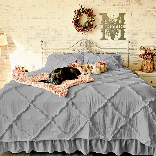 Kotton Culture Funda de edredón de gran tamaño King con volantes de diamantes, 3 piezas, 100% algodón egipcio, transpirable para todas las