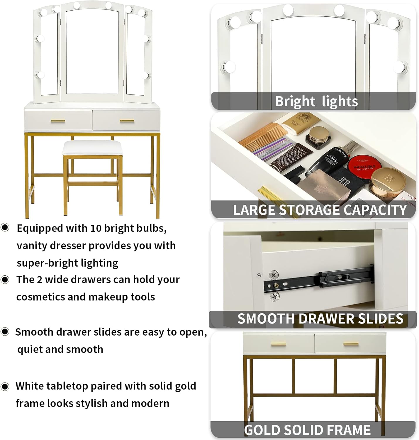 Makeup Vanity Desk with 3 Mirrors 10 LED Light Bulbs Vanity Set with 2 Large Drawers and Cushioned Stool Gold Metal Frame Dressing Table Dresser Desk for Women Girls Bedroom, White : Home & Kitchen