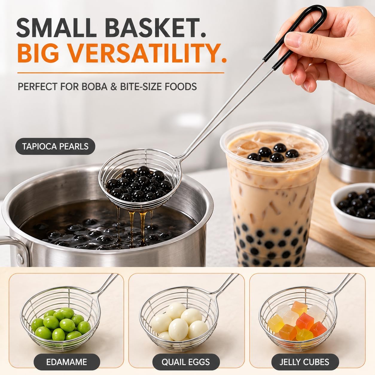 2 Pcs Stainless Steel Hot Pot Strainer Spoons, 2.5 Inch Wire Spider Strainer Skimmer Ladle with Handle, Mesh Scoop Boba Spoon for Kitchen Meatball Oil Filter, Black