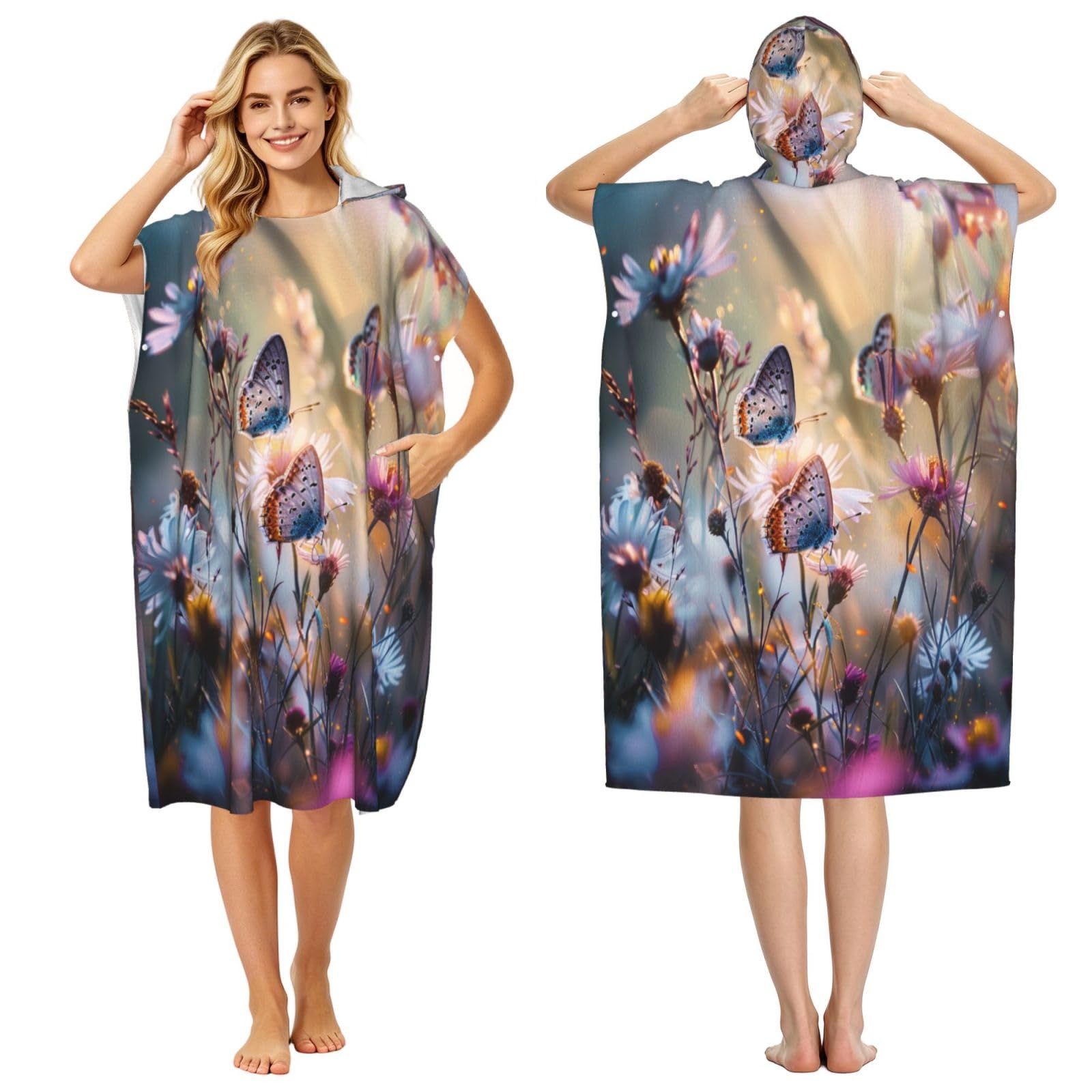 DTHKJNLSF Butterfly Adult Hooded Beach Poncho Towel