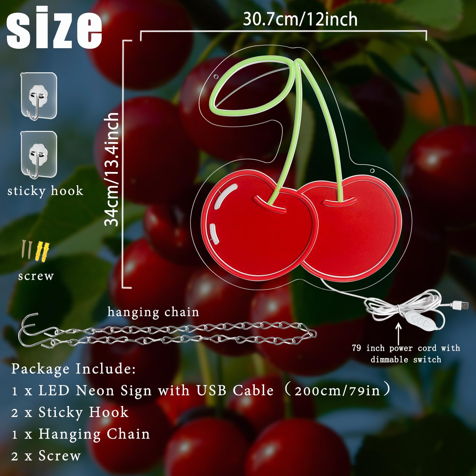 Insegna al neon a forma di ciliegia, decorazione da parete, dimmerabile, con stampa di frutta, luci al neon al neon a tema frutta vibrante per camera dei bambini, camera da letto, ristorante, bar