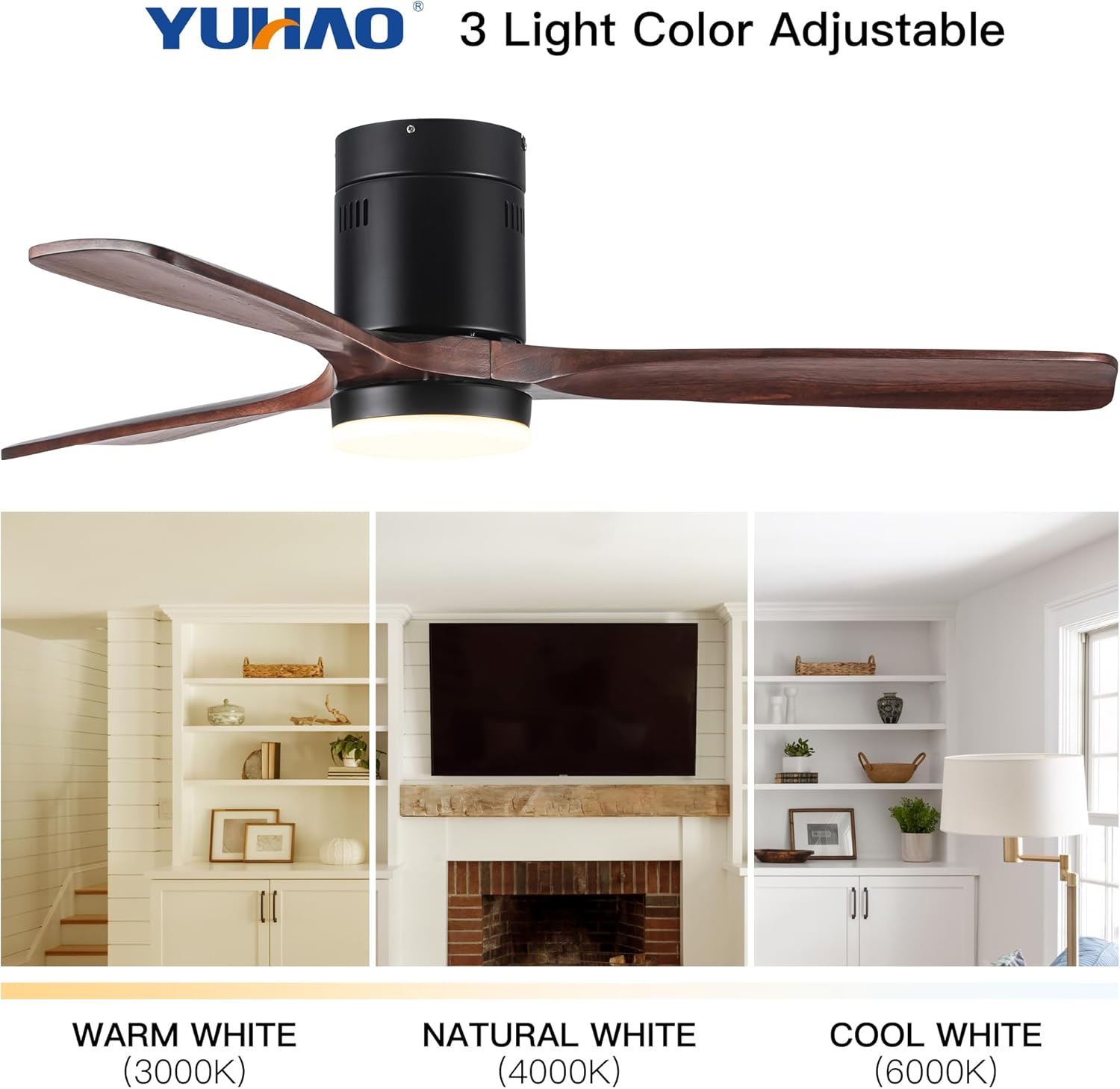52" Integrated LED Ceiling Fan Lighting with Solid Wood Blade, Remote, 3 Modes, Living Room