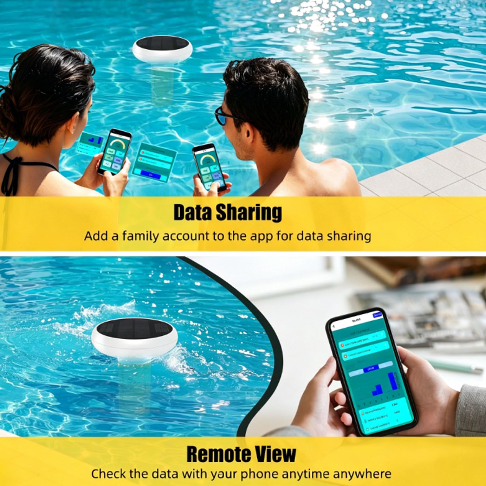 Testeur d'eau de piscine, testeur solaire flottant intelligent 7 en 1 avec exportation de données et alarme pour piscines, jacuzzi et spas