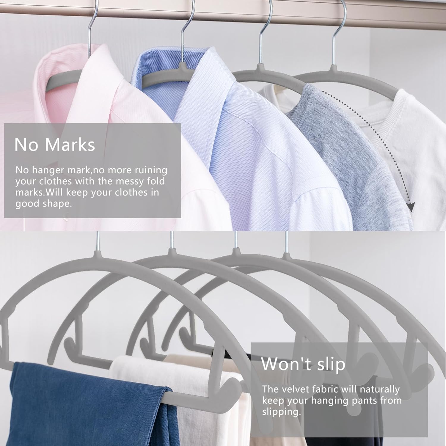 MIZGI Premium Velvet Hangers 60 Pack Heavyduty- Non Slip No Shoulder Bump Suit Hanger- Chrome Hooks,Space Saving Clothes Rounded Shape for Coat,Sweater,Jackets,Pants - Image 4