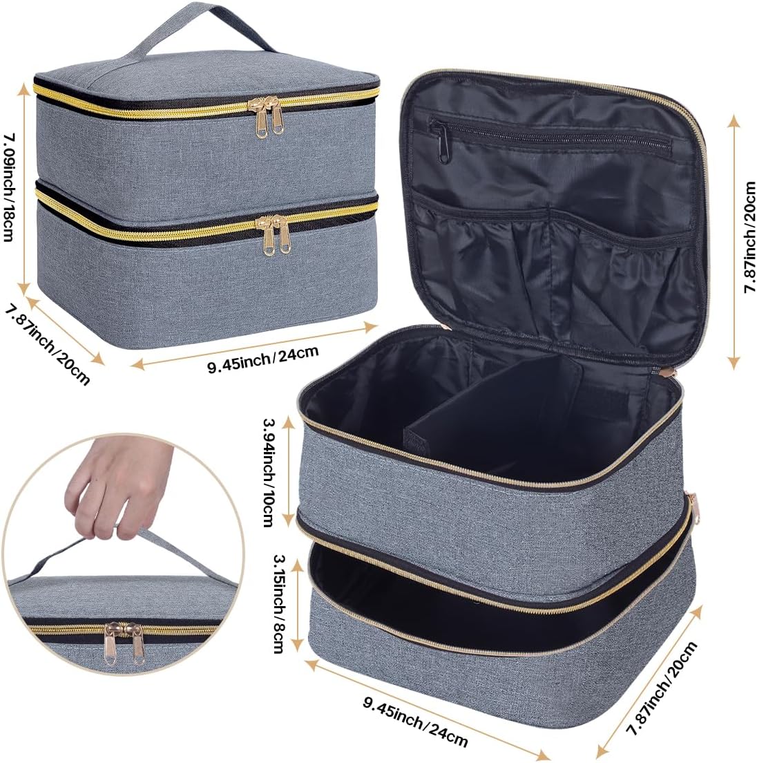 Double Layer Makeup Bag Portable Large Cosmetic Case Organizer with Adjustable Dividers Storage Travel Bag for Accessories Brushes Conditioner and Skin Care Products (Gray Gold)