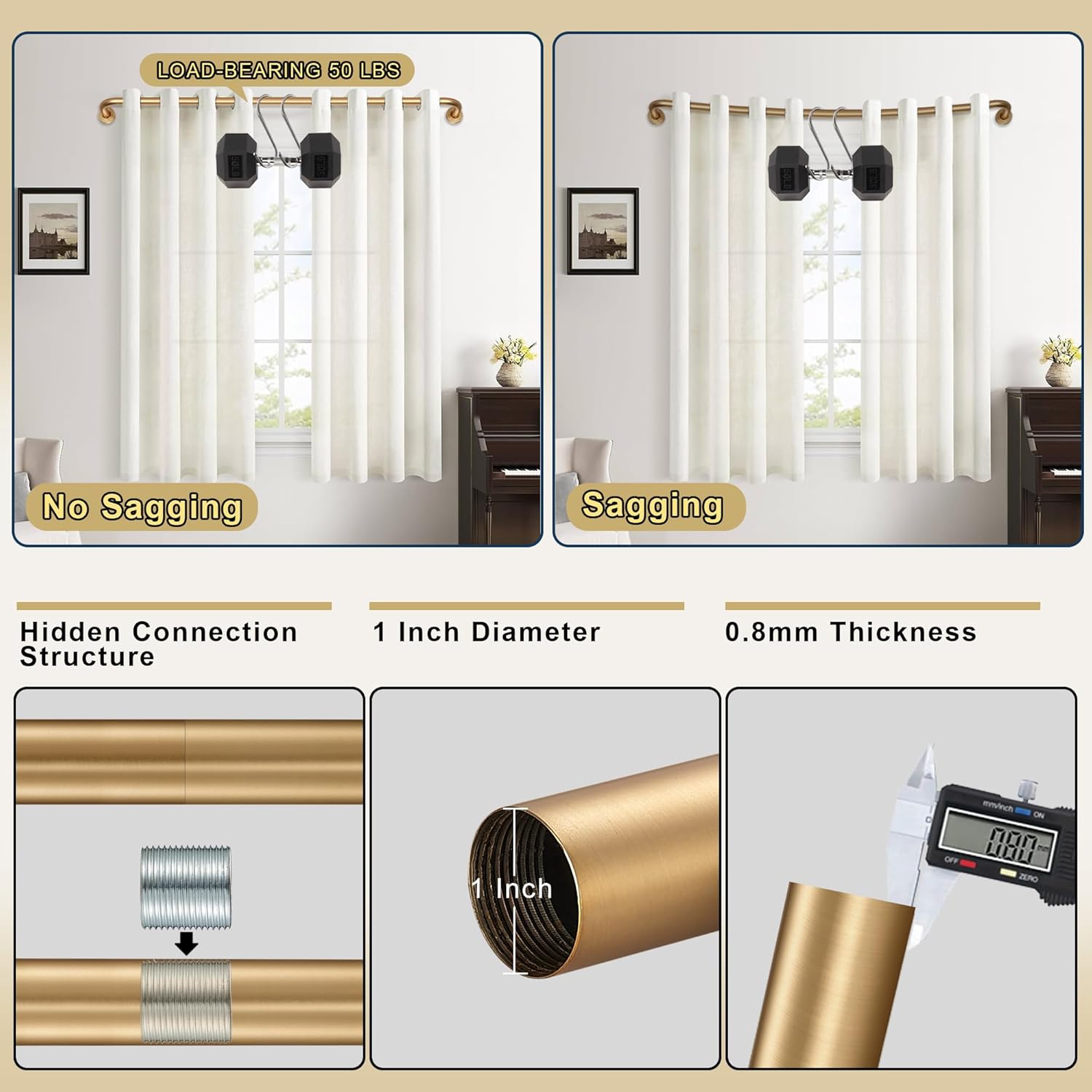 Warm Gold Wrap Around Curtain Rod, 1 Inch Diameter, 28 to 56 Inch, Adjustable Blackout Curtain Rod with Zinc Alloy Double-deck Finials and Aluminum Center Brackets