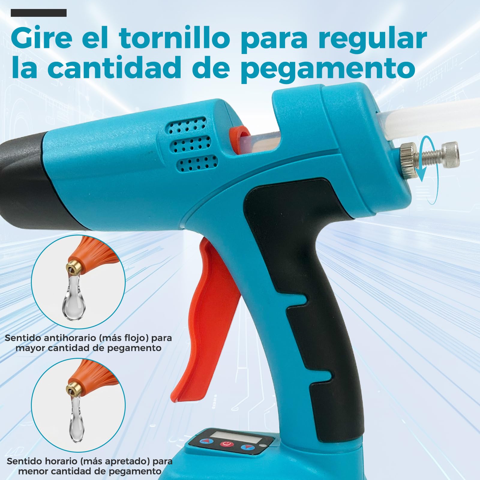 Bostar Pistola de Silicona Digital 100-220°C para Makita 18V, Kit con 2 Baterías 2.0Ah y 35 Barras 11mm, Flujo Regulable y Memoria, Pistola Termofusible Inalámbrica para DIY y Reparación Profesional