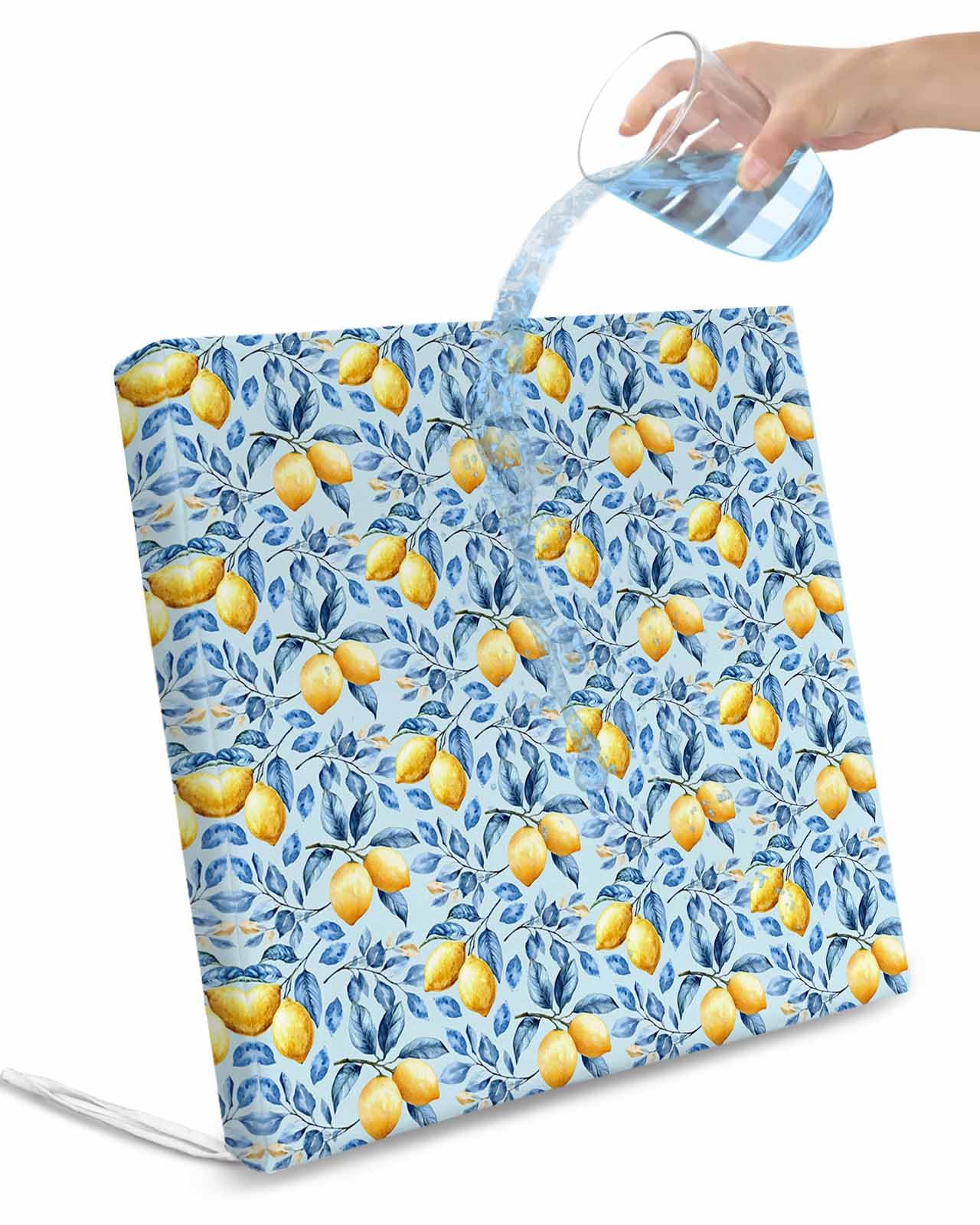 2 Pack Yellow Lemon Waterproof Cushion Covers with Ties, Outdoor Patio Chaise Lounge Chair Seat Cushion Slip Covers Replacement(Only Cover) Blue Leaves Summer Fruit Watercolor 22