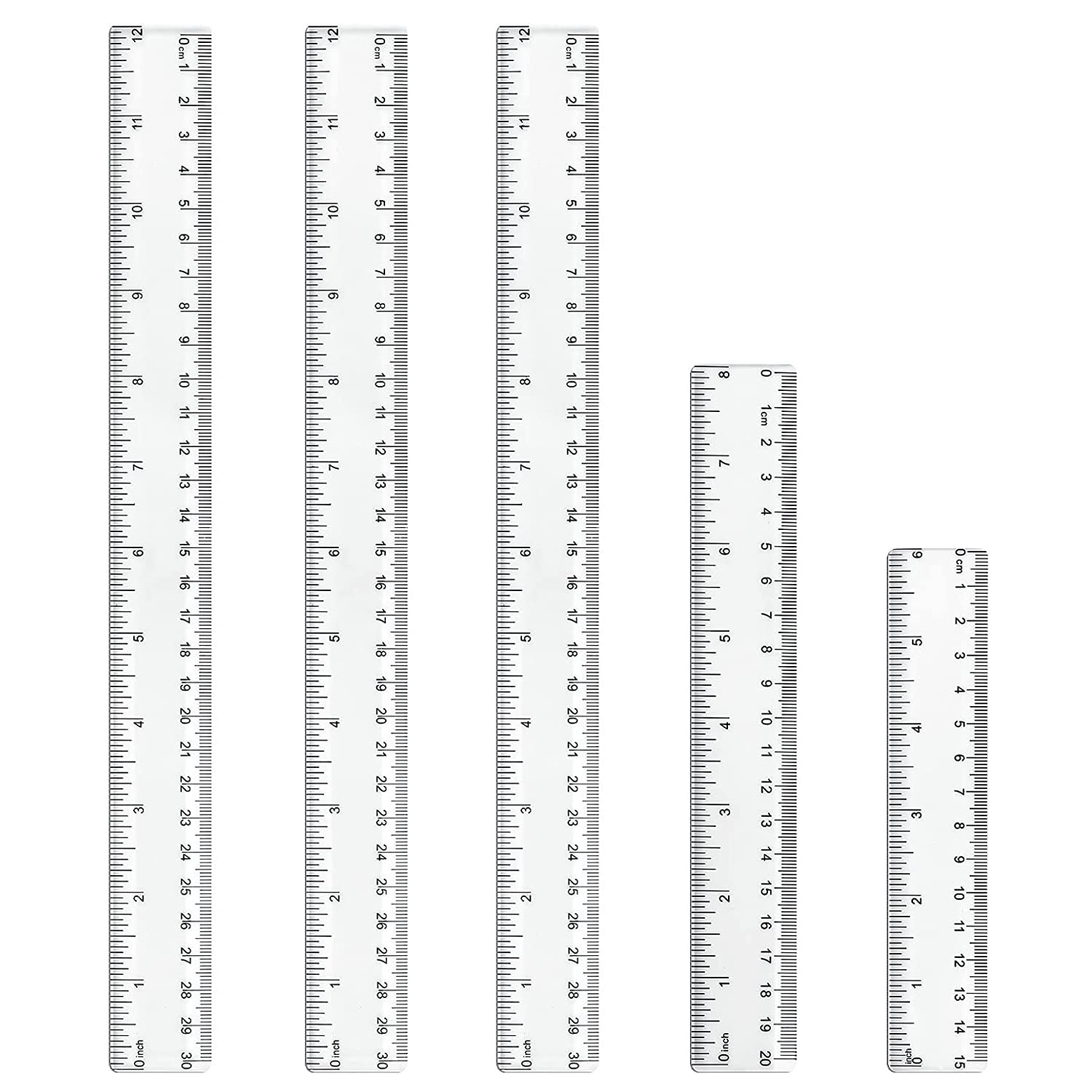 KEWAYO 5 Pieces Clear Plastic Ruler, Transparent Straight Ruler 6/8/12in(15/20/30cm) Measuring Tool Set, for Student School Home Office