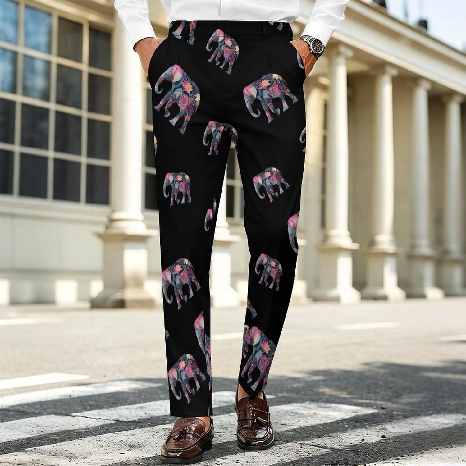 Elephant Art Novelty Men's Casual Pants Slim Fit Suit Dress Trousers
