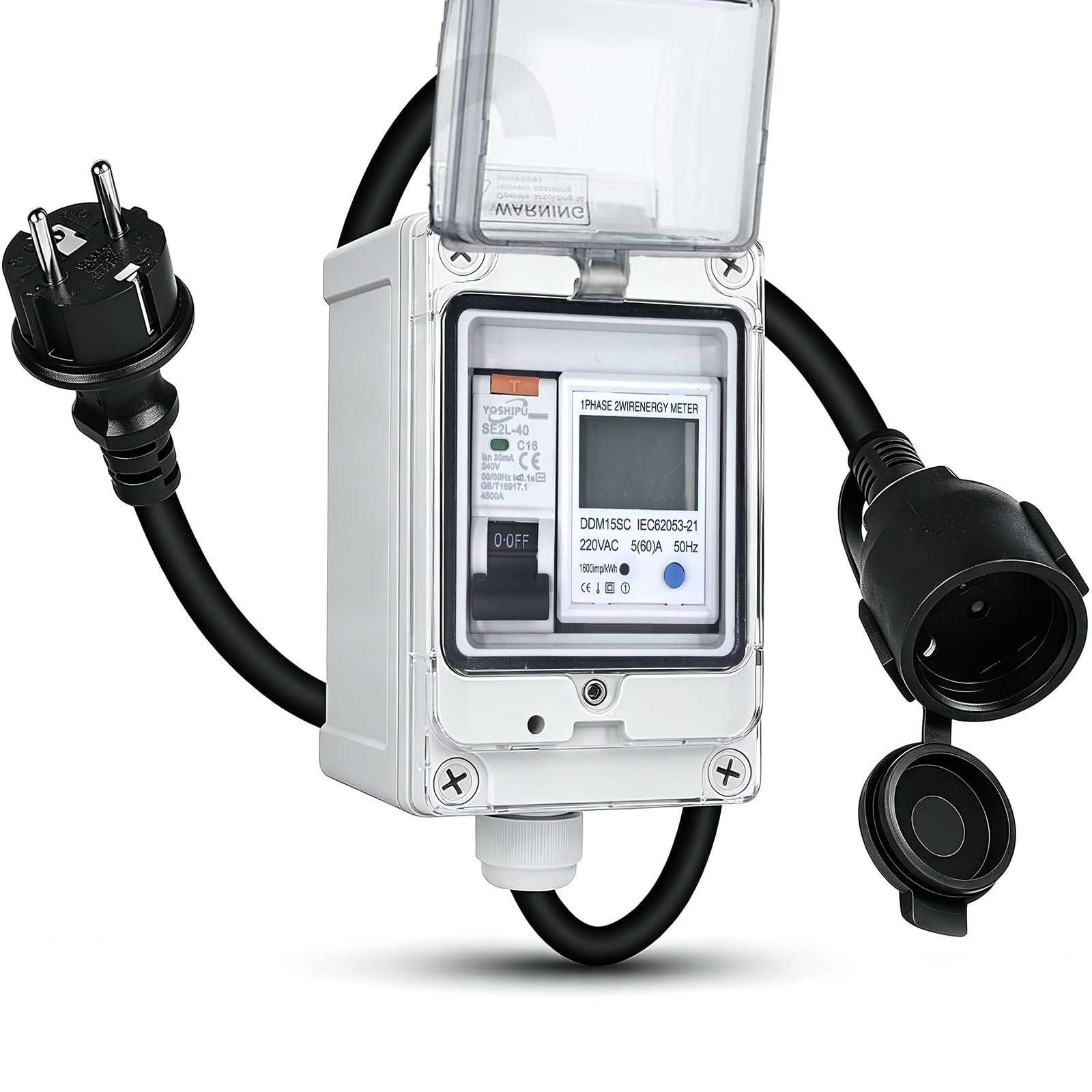 Contatore Energia Elettrica,AC220V Wattmetro Digitale Mobile con Spina CEE 5(60) A Contatore Elettrico Portatile con Interruttore Automatico Impermeabile IP65
