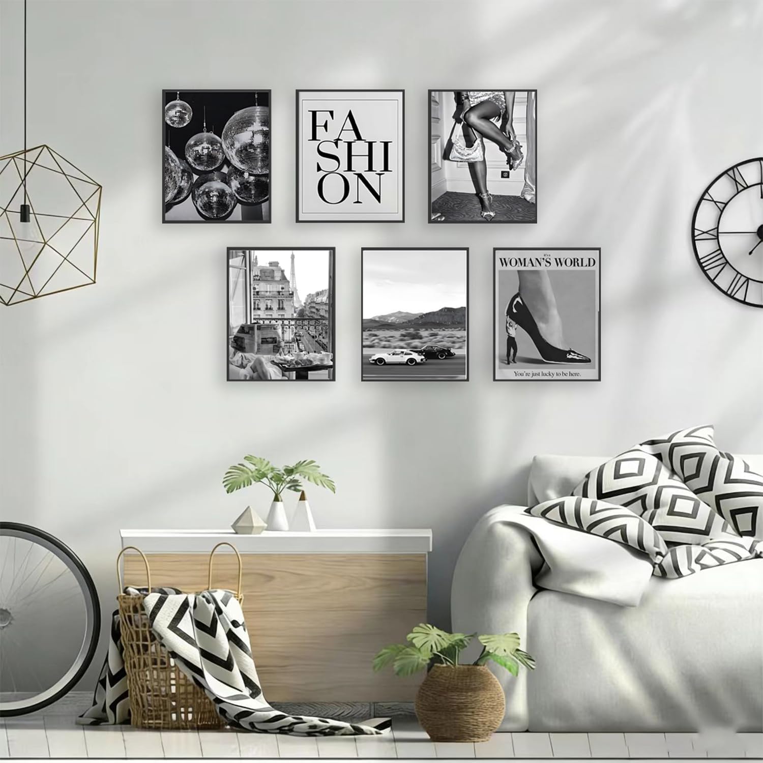 Liacxony Vintage Black and White Trendy Wall Art Fashion Feminist Decor Disco Ball Fast Cars Parisian Vintage Posters for Apartment, Bedroom & Dorm Room 8x10 inch Unframed