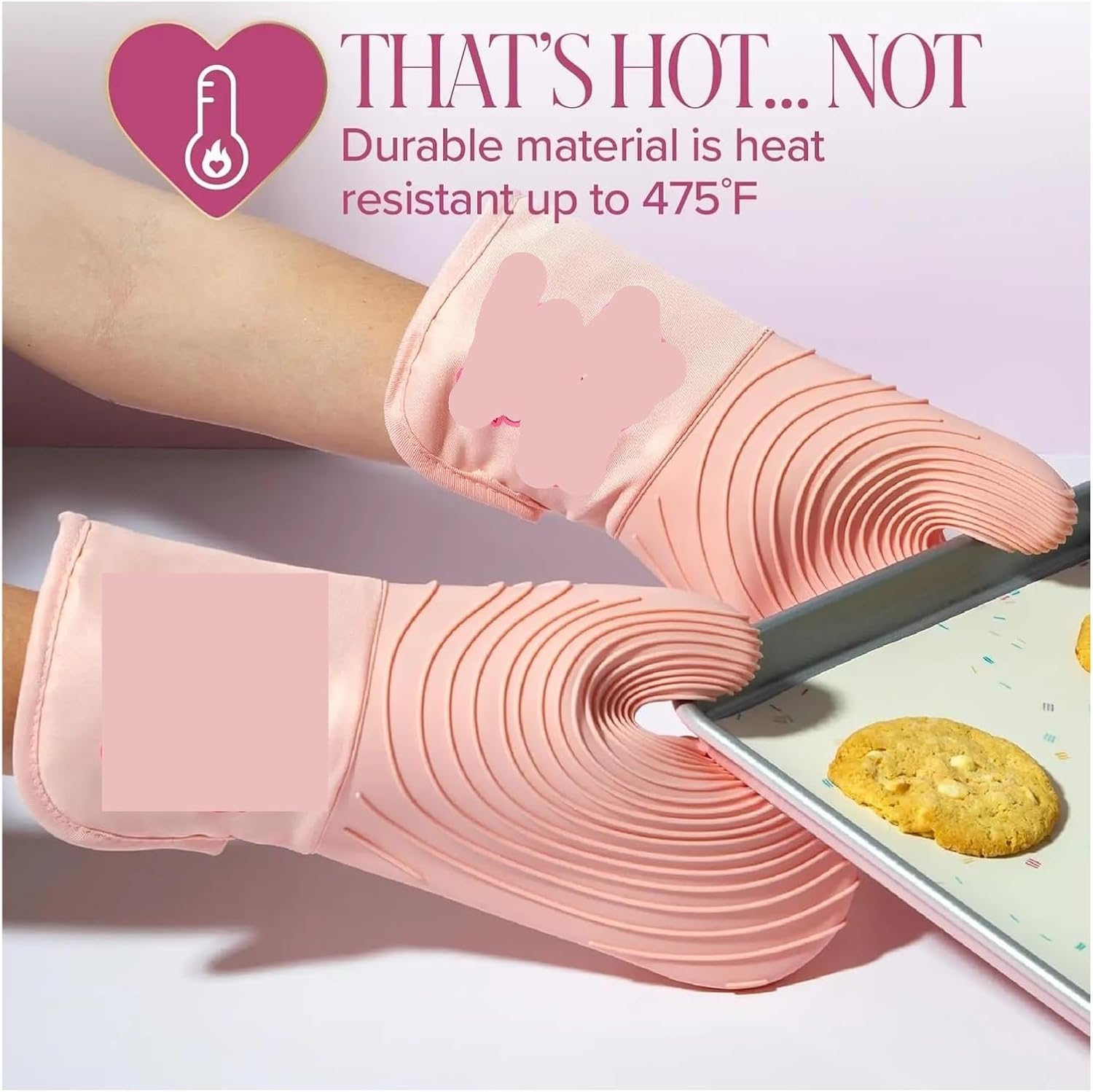 Heat Resistant Oven Mitt Set, 2 Piece Pink Pot Holders with Non Slip Silicone Grips